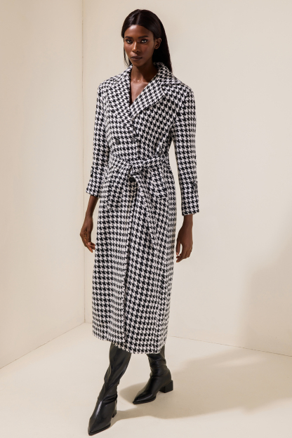 Houndstooth Long Sleeve Pocket Maxi Coat