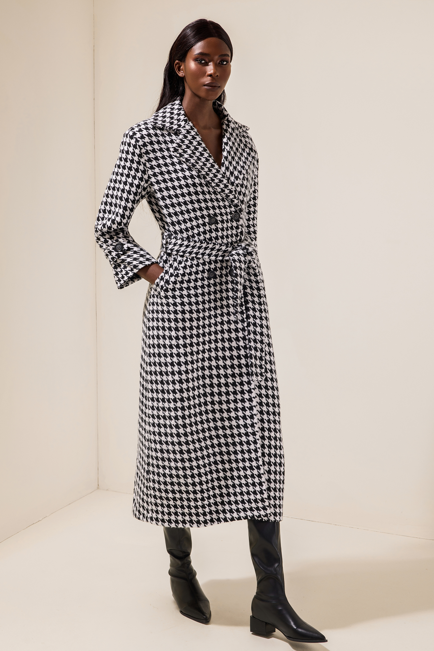Houndstooth Long Sleeve Pocket Maxi Coat
