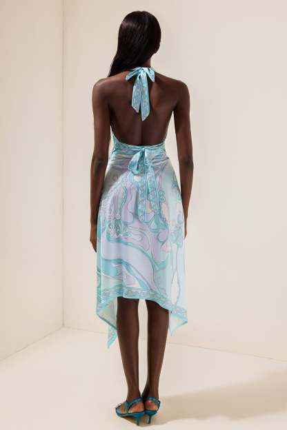 Satin Halter Neck Mini Top & Scarf Print Mid Waist Midi Skirt Set