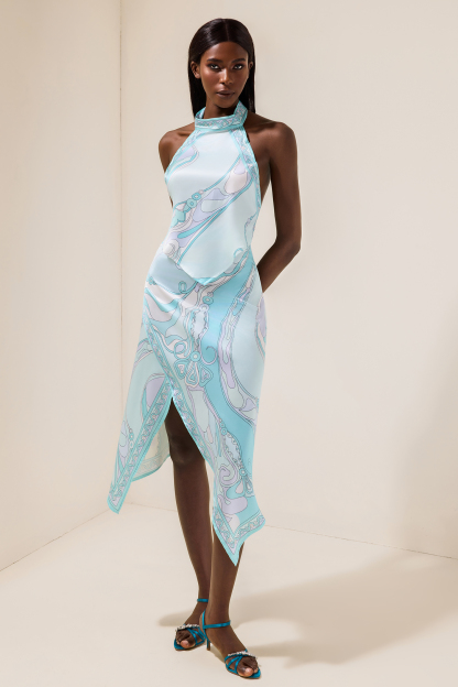 Satin Halter Neck Mini Top & Scarf Print Mid Waist Midi Skirt Set