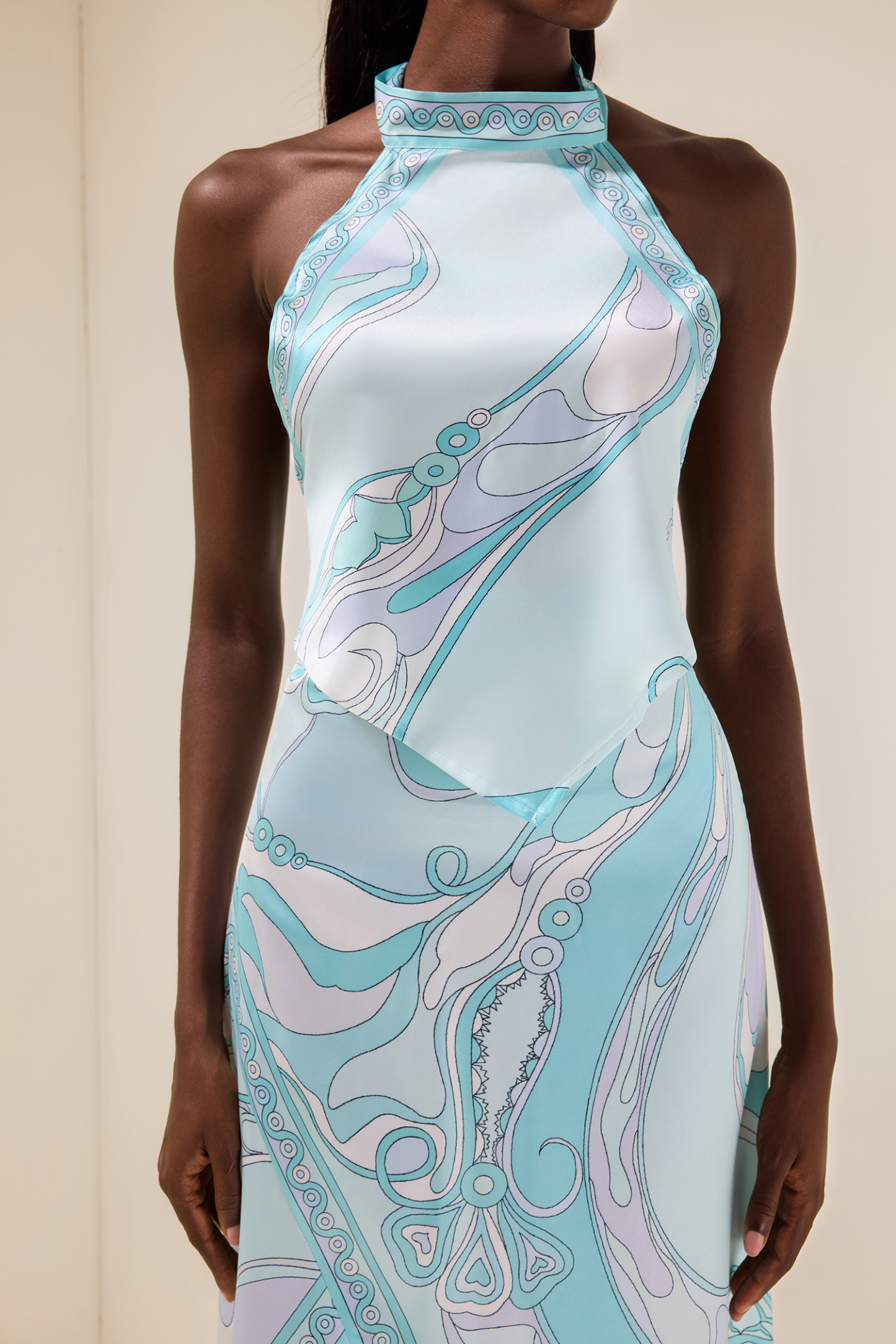 Satin Halter Neck Mini Top & Scarf Print Mid Waist Midi Skirt Set