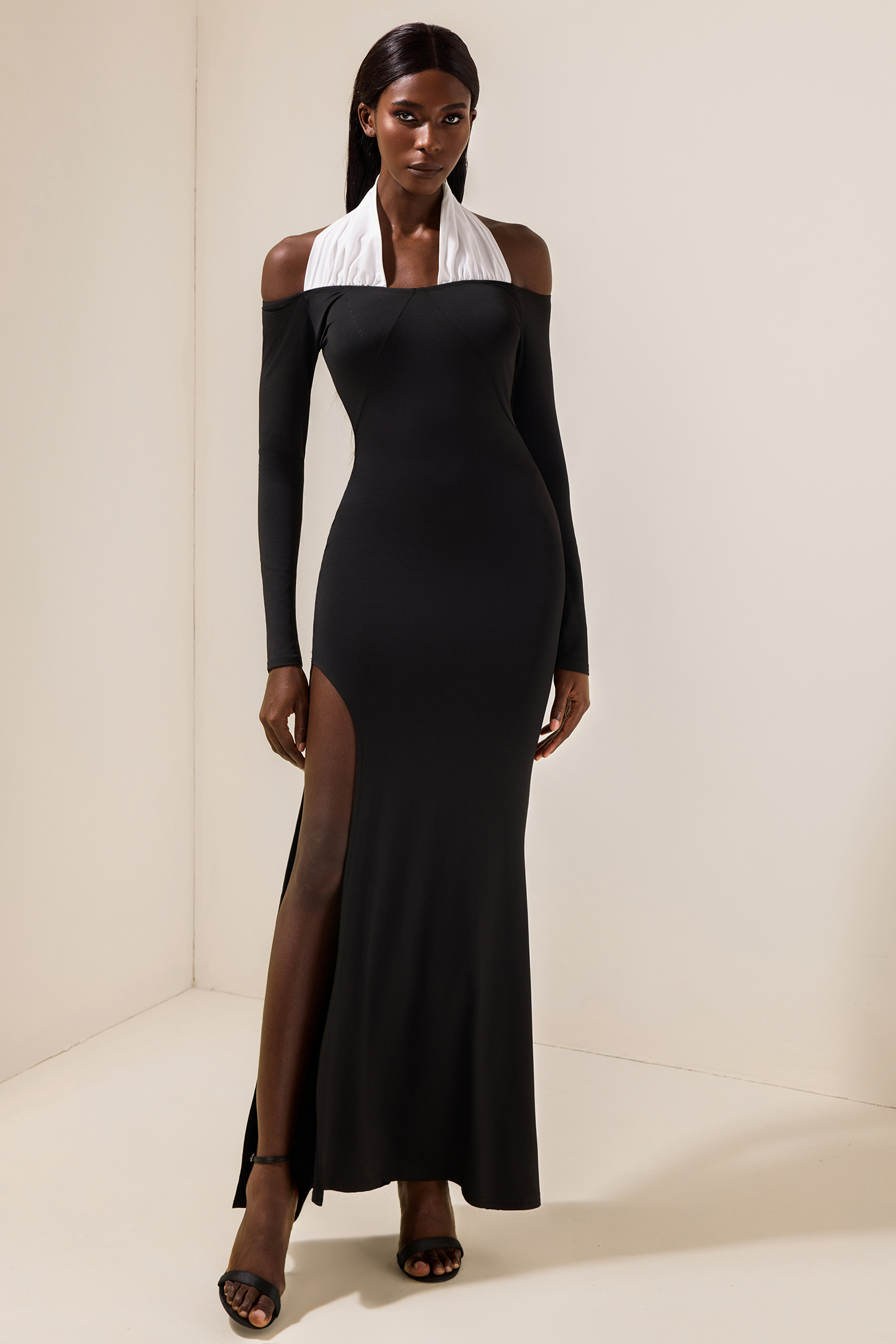 Long Sleeve Splicing Slit Midi Dress