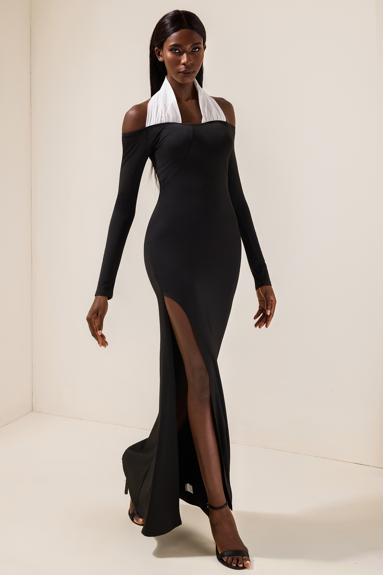 Long Sleeve Splicing Slit Midi Dress
