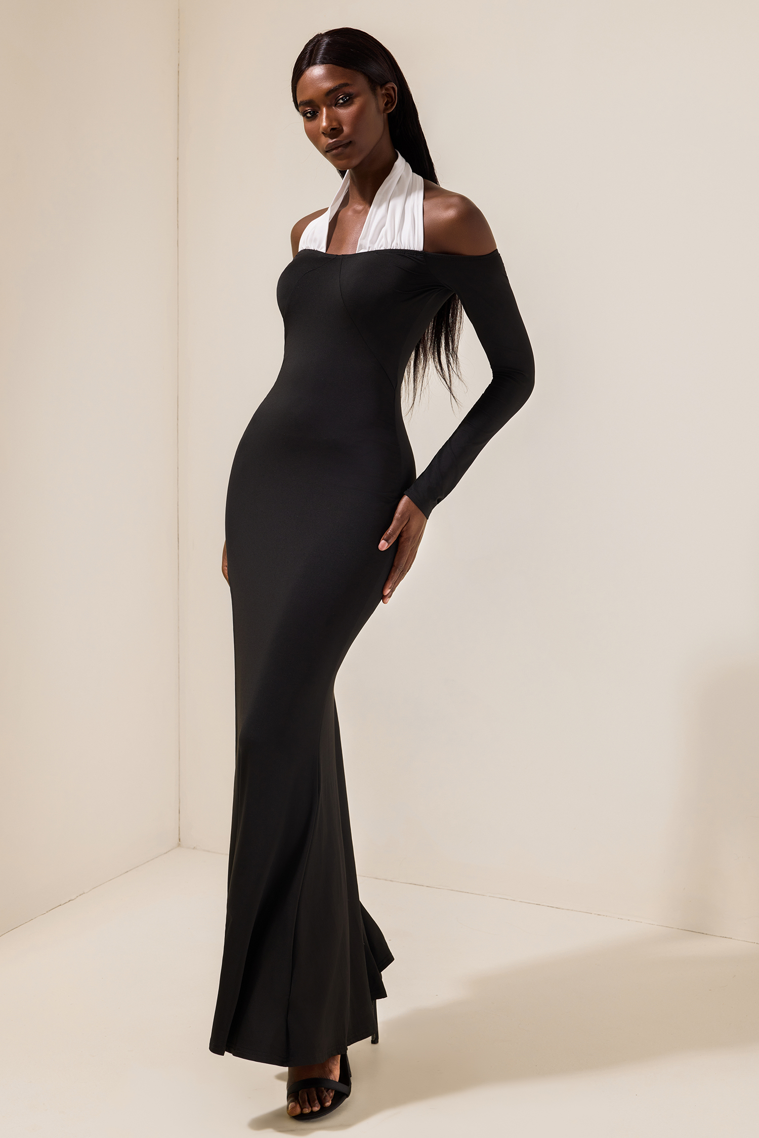 Long Sleeve Splicing Slit Midi Dress