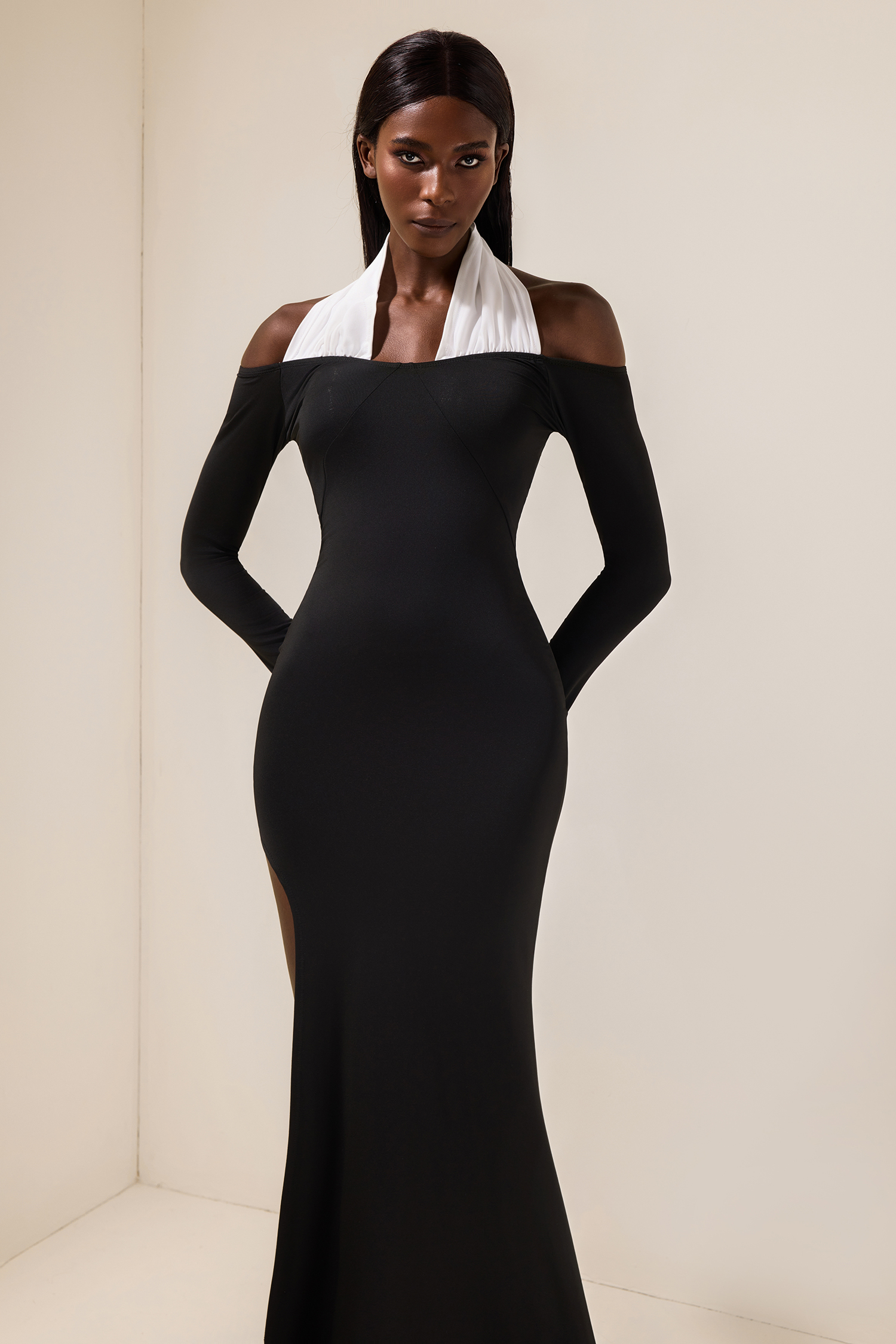 Long Sleeve Splicing Slit Midi Dress