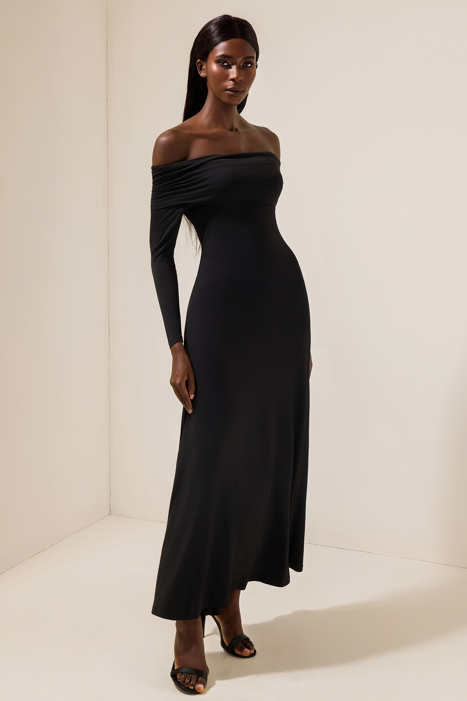 Jersey Solid Off-Shoulder Maxi Dress