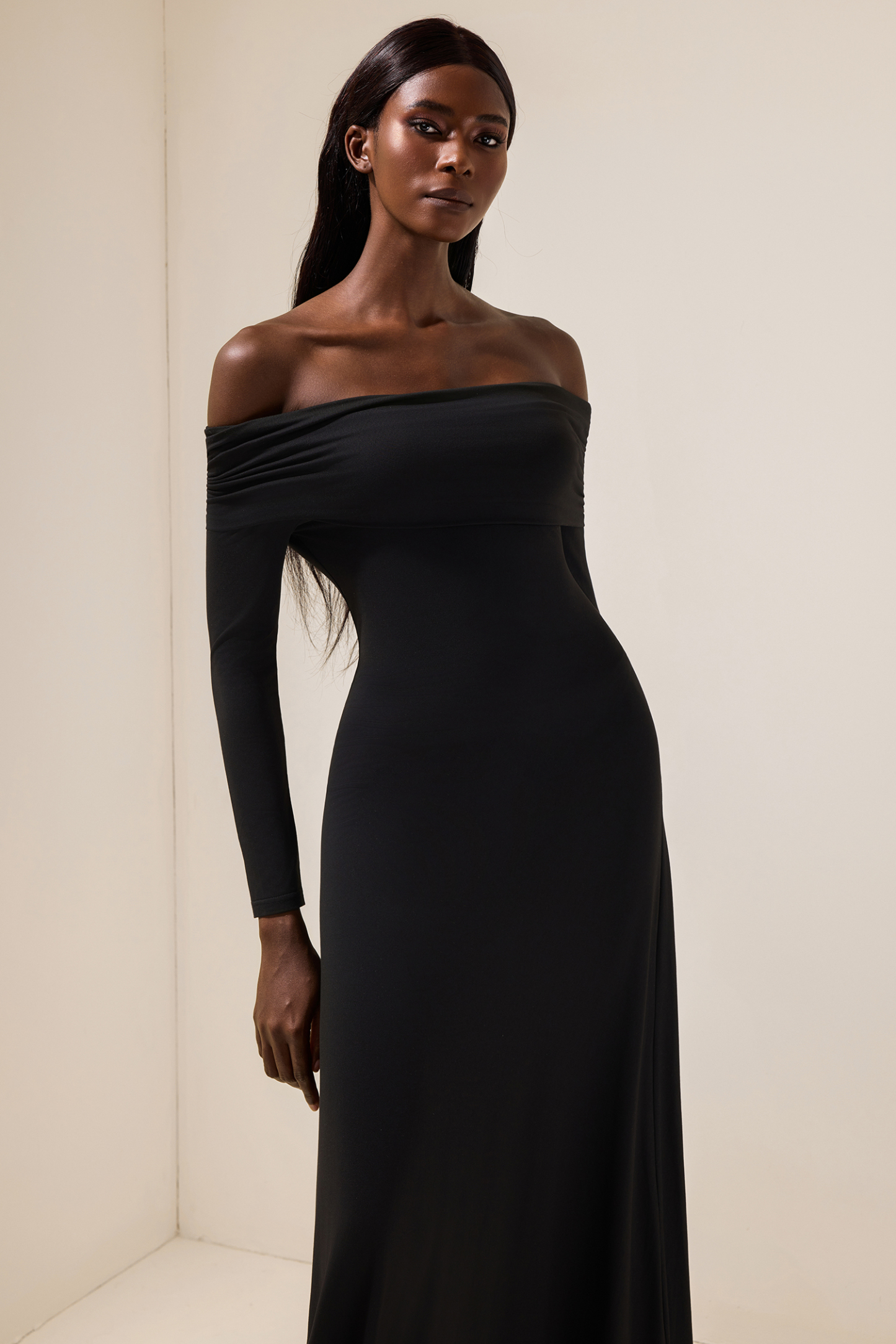Jersey Solid Off-Shoulder Maxi Dress
