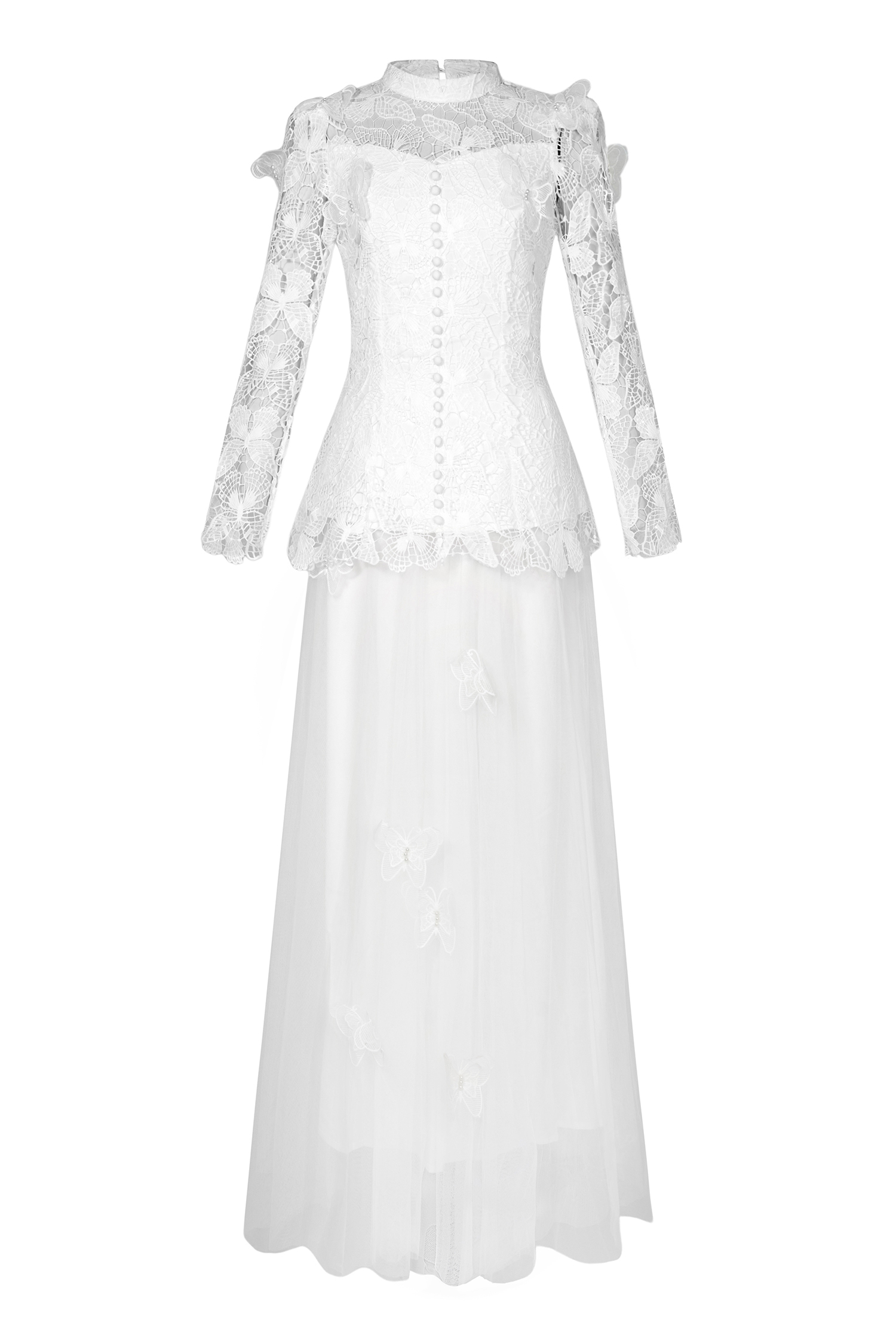 Embroidery Solid Top & Mesh Midi Skirt Set