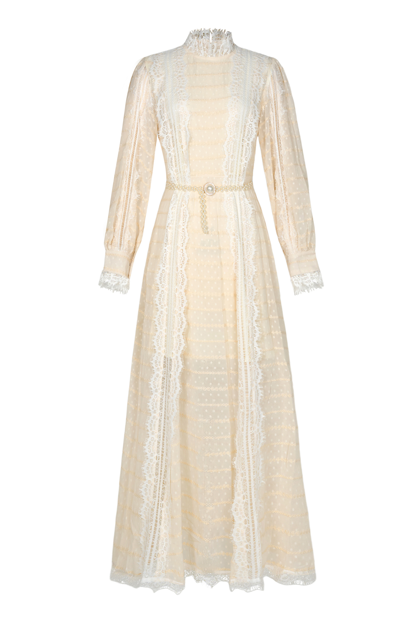 Lace Splicing Embroidered Long Sleeve Maxi Dress With Belt