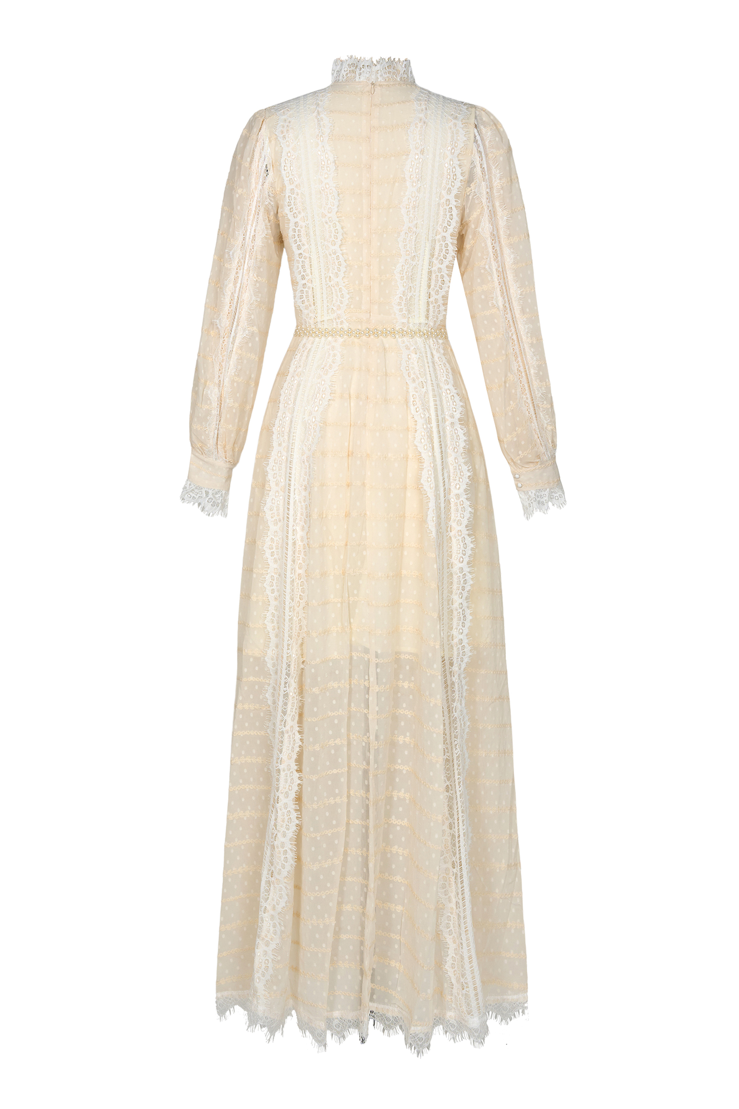 Lace Splicing Embroidered Long Sleeve Maxi Dress With Belt