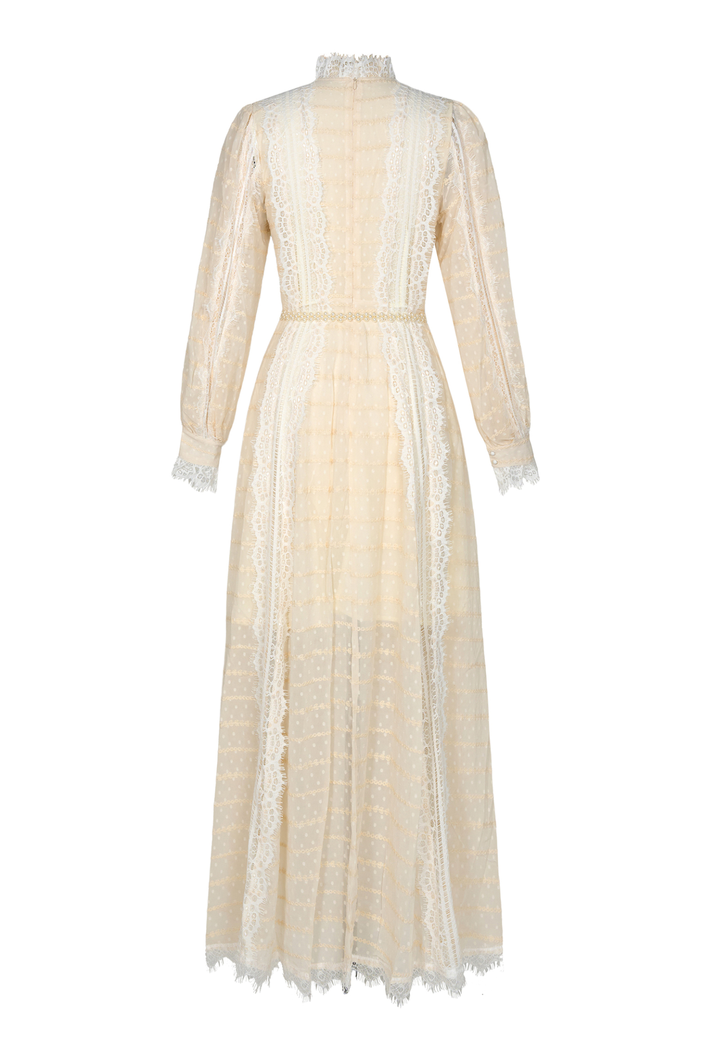 Lace Splicing Embroidered Long Sleeve Maxi Dress With Belt