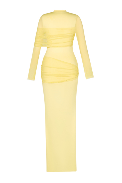 Faux Pearl Gathering Long Sleeve Midi Dress