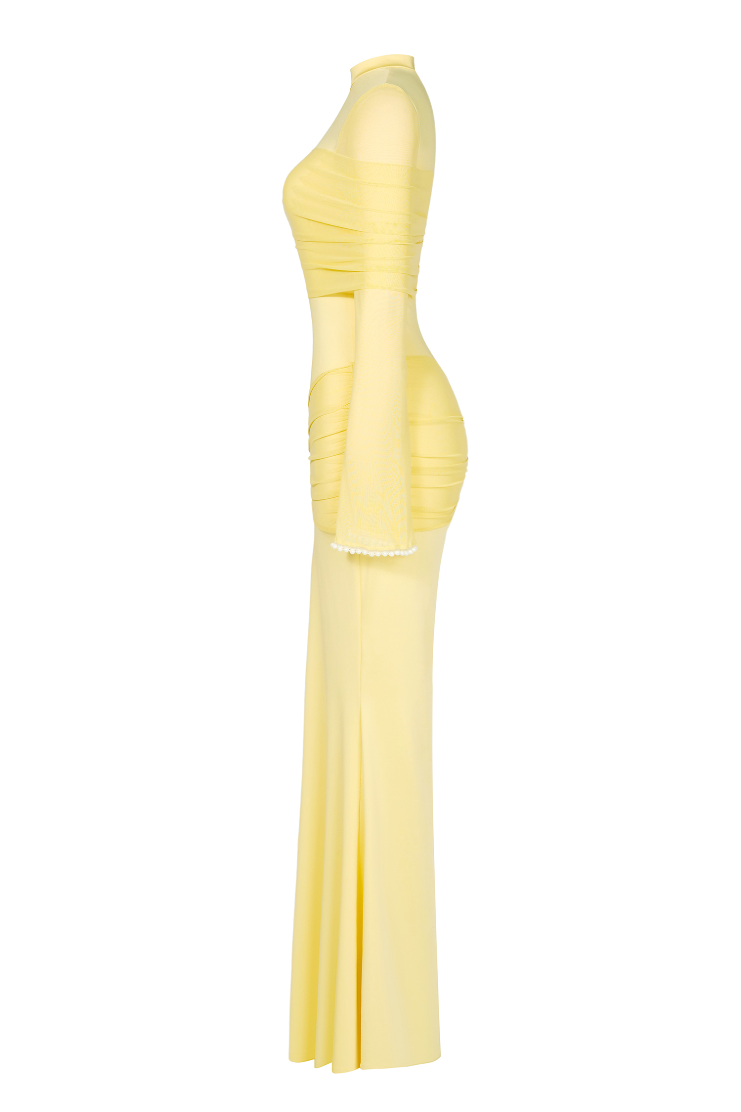Faux Pearl Gathering Long Sleeve Midi Dress
