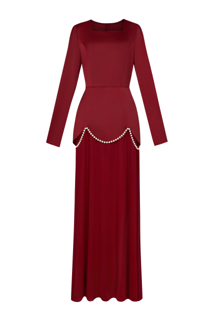 Faux Pearl Square Collar Long Sleeve Maxi Dress