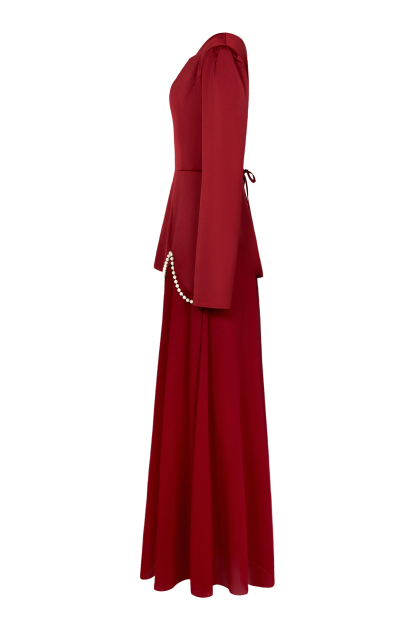 Faux Pearl Square Collar Long Sleeve Maxi Dress