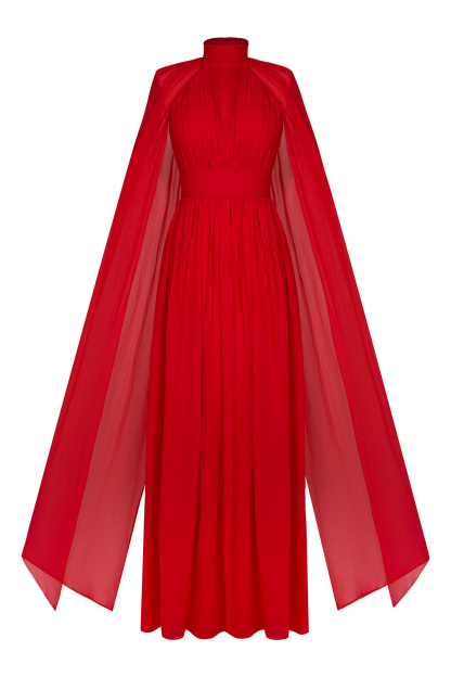 Chiffon Pleated Cape Sleeve Maxi Dress