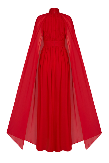 Chiffon Pleated Cape Sleeve Maxi Dress