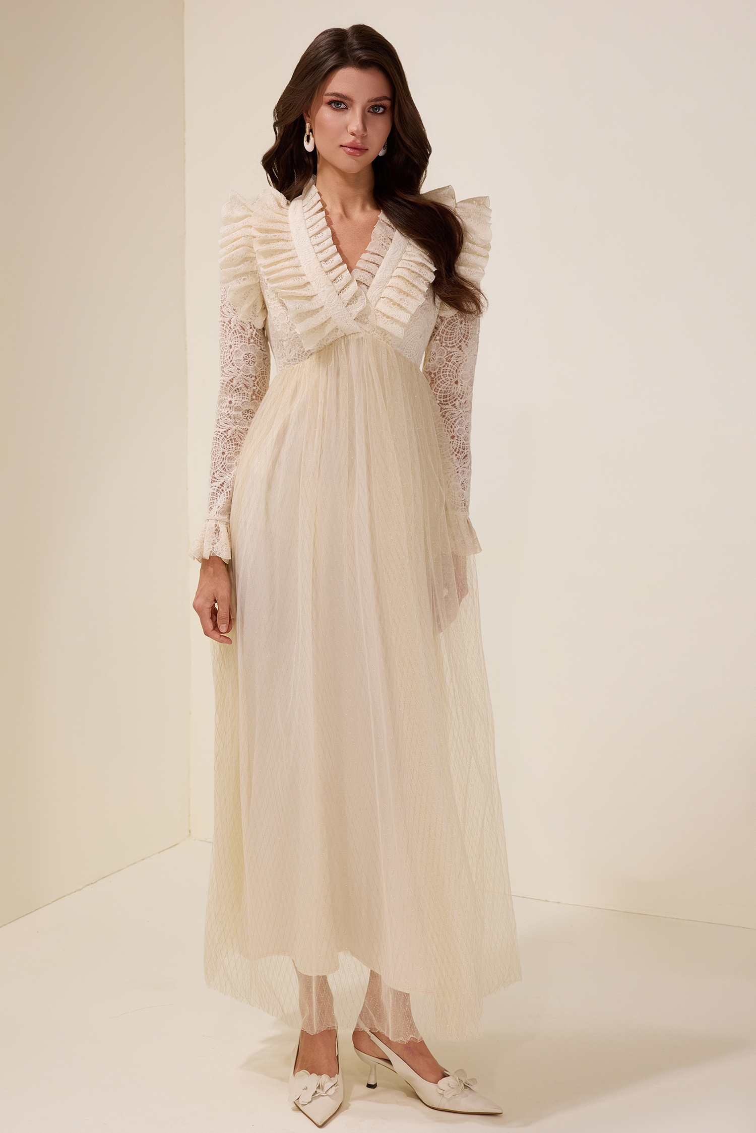 Lace Ruffle V-Neck Maxi Dress