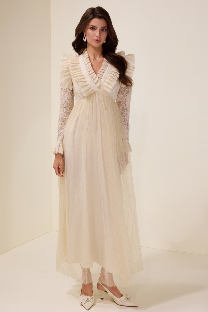 Lace Ruffle V-Neck Maxi Dress