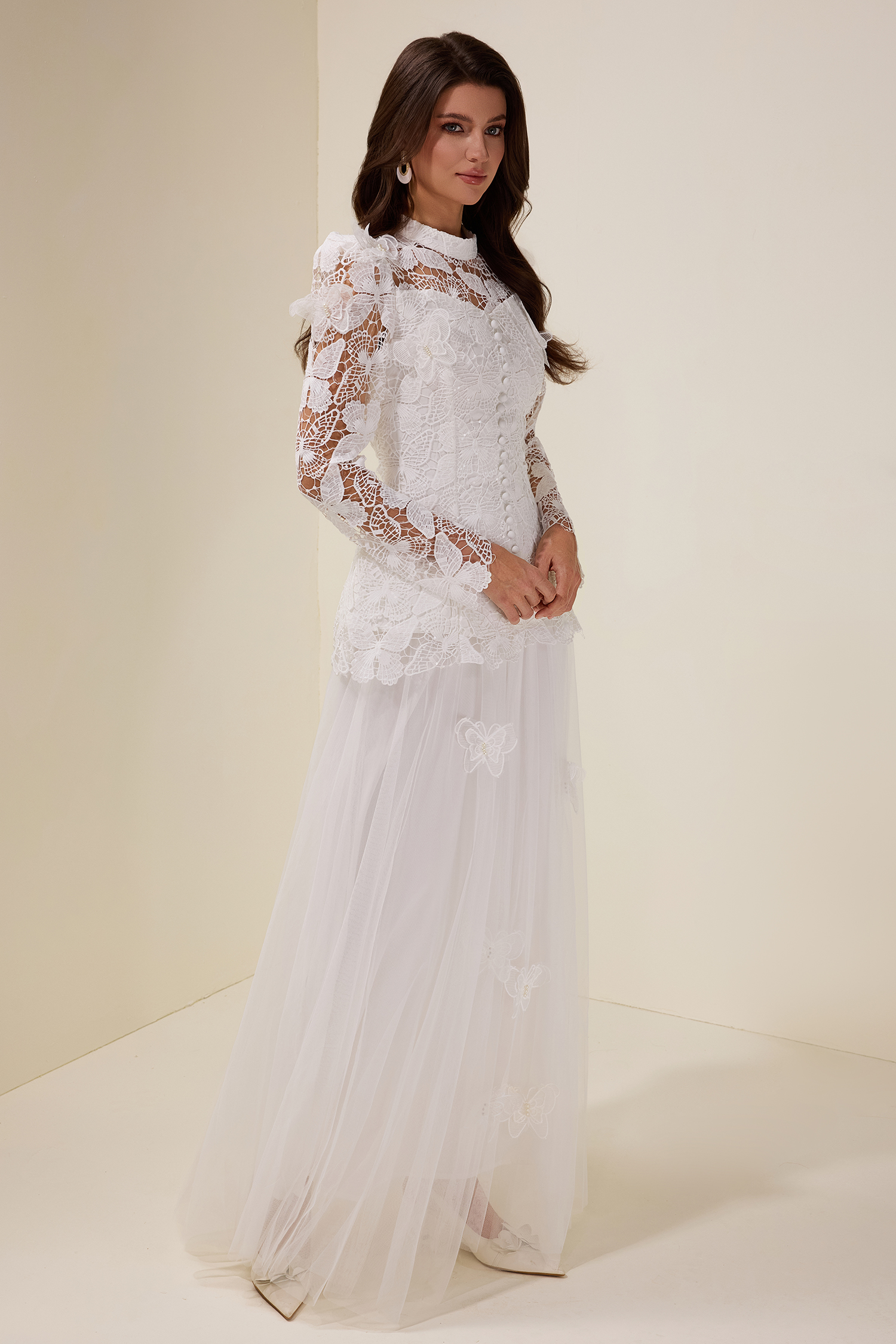 Embroidery Solid Top & Mesh Midi Skirt Set