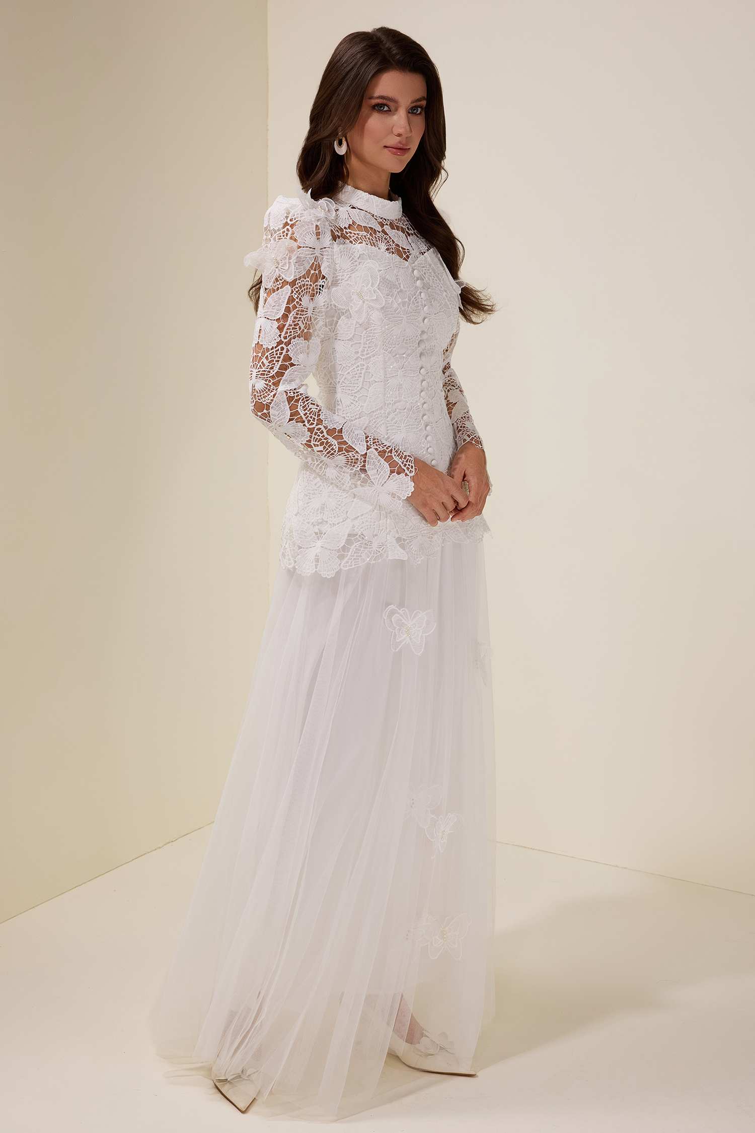 Embroidery Solid Top & Mesh Midi Skirt Set