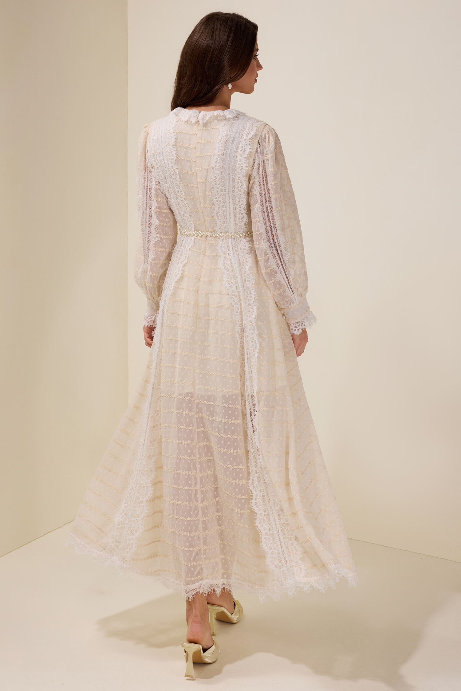 Lace Splicing Embroidered Long Sleeve Maxi Dress With Belt