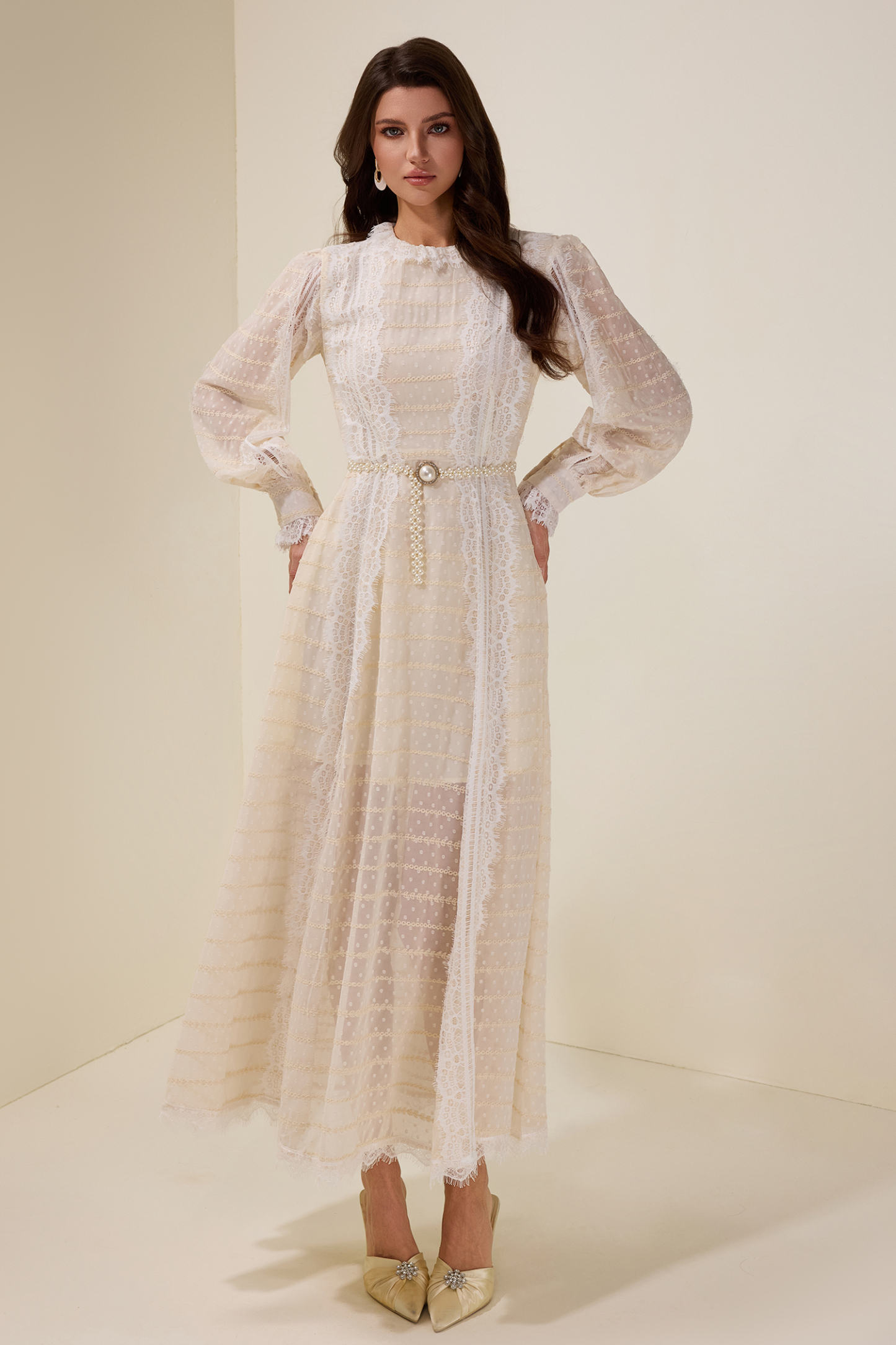 Lace Splicing Embroidered Long Sleeve Maxi Dress With Belt