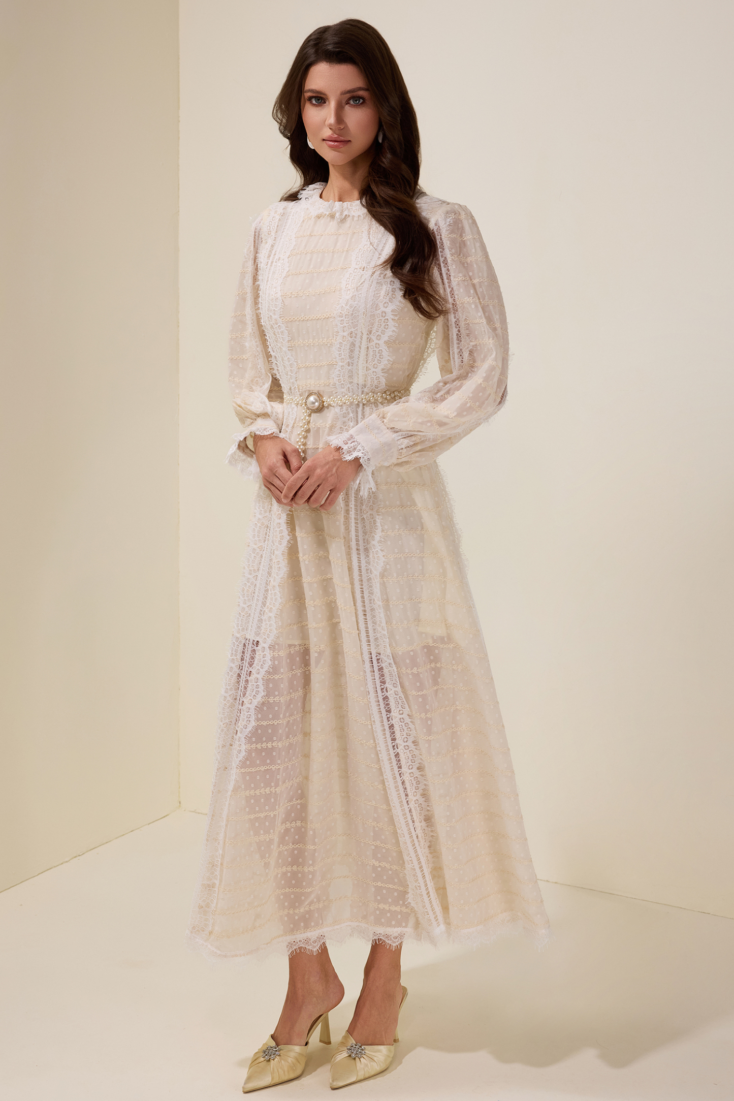 Lace Splicing Embroidered Long Sleeve Maxi Dress With Belt