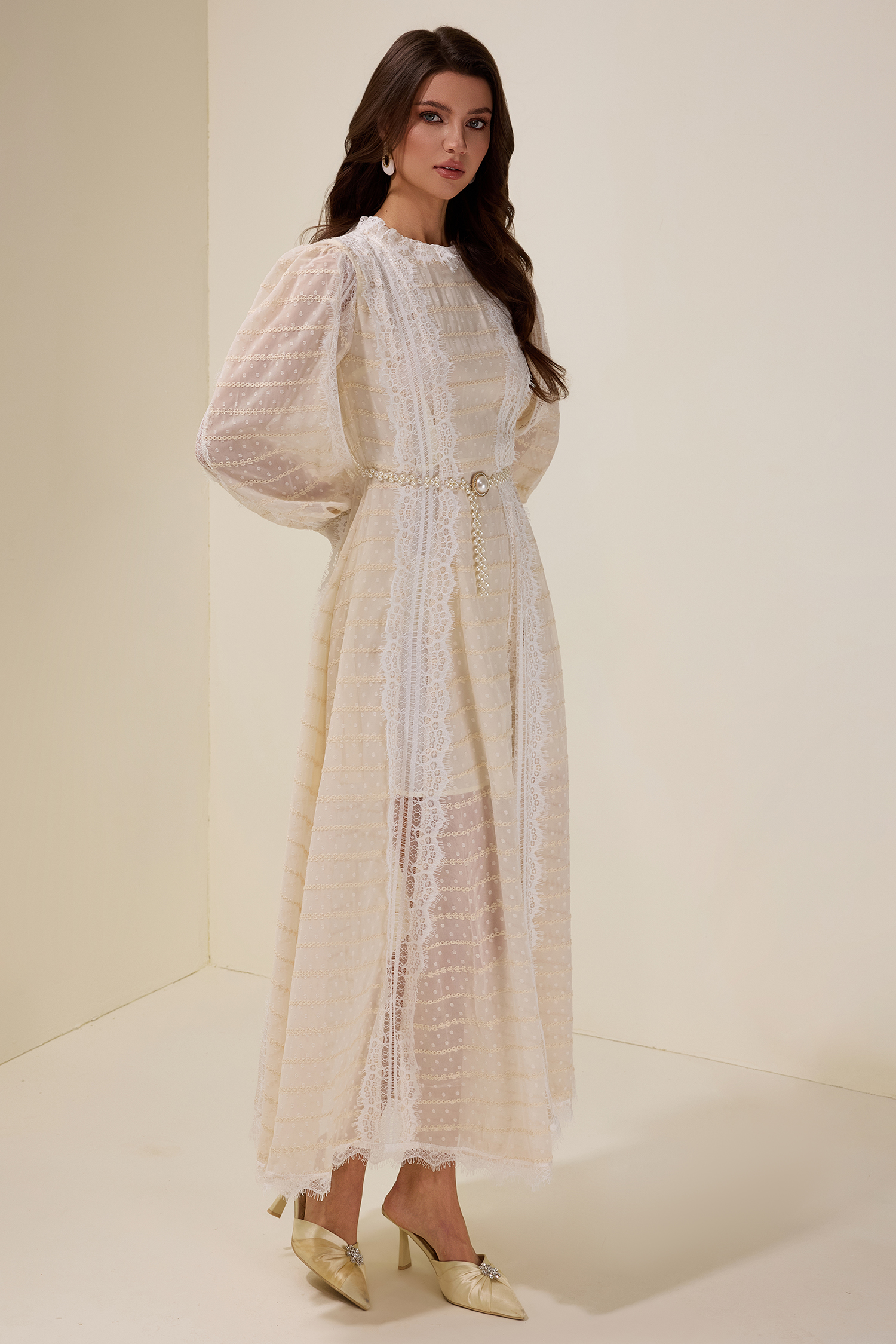 Lace Splicing Embroidered Long Sleeve Maxi Dress With Belt