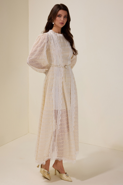 Lace Splicing Embroidered Long Sleeve Maxi Dress With Belt