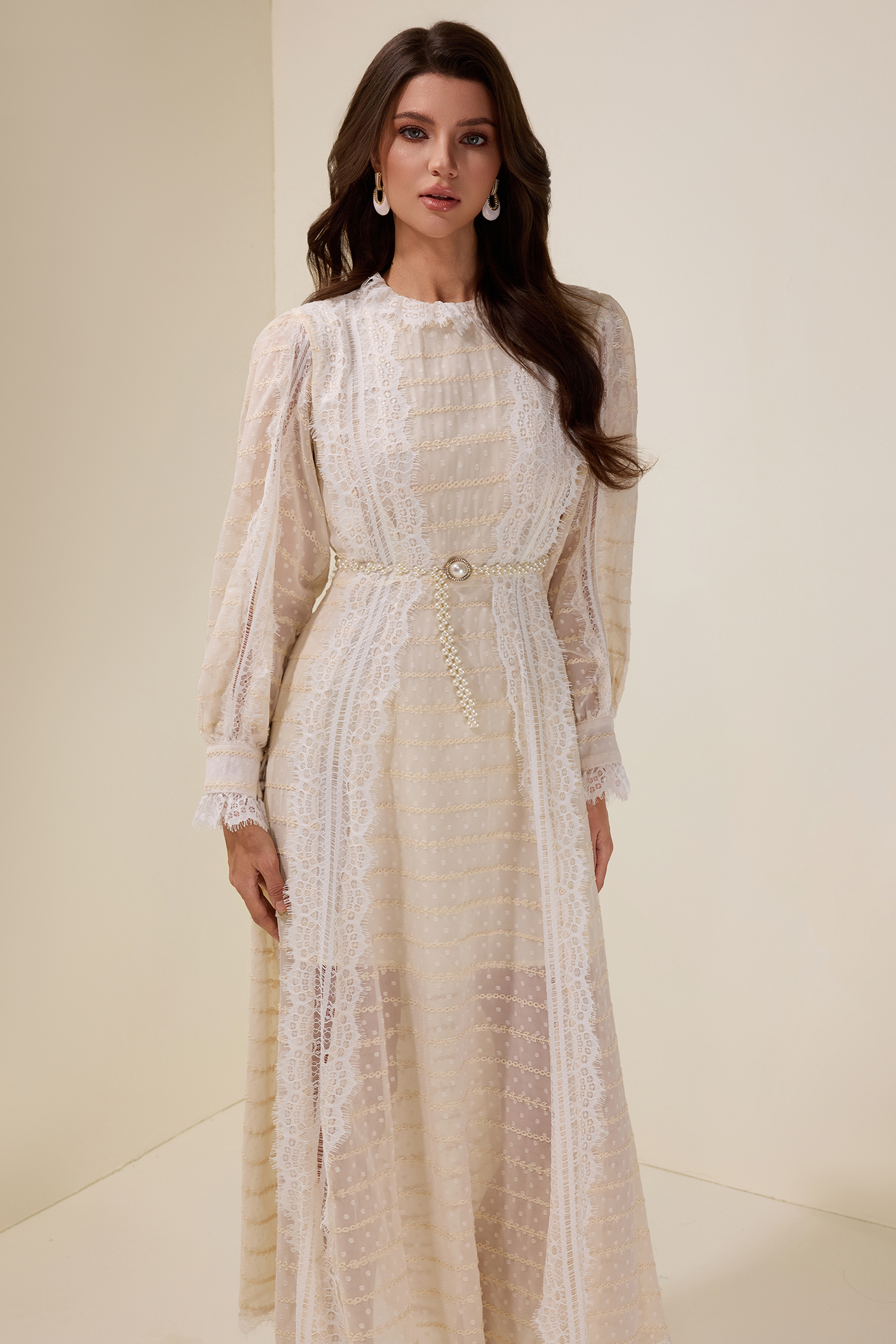 Lace Splicing Embroidered Long Sleeve Maxi Dress With Belt