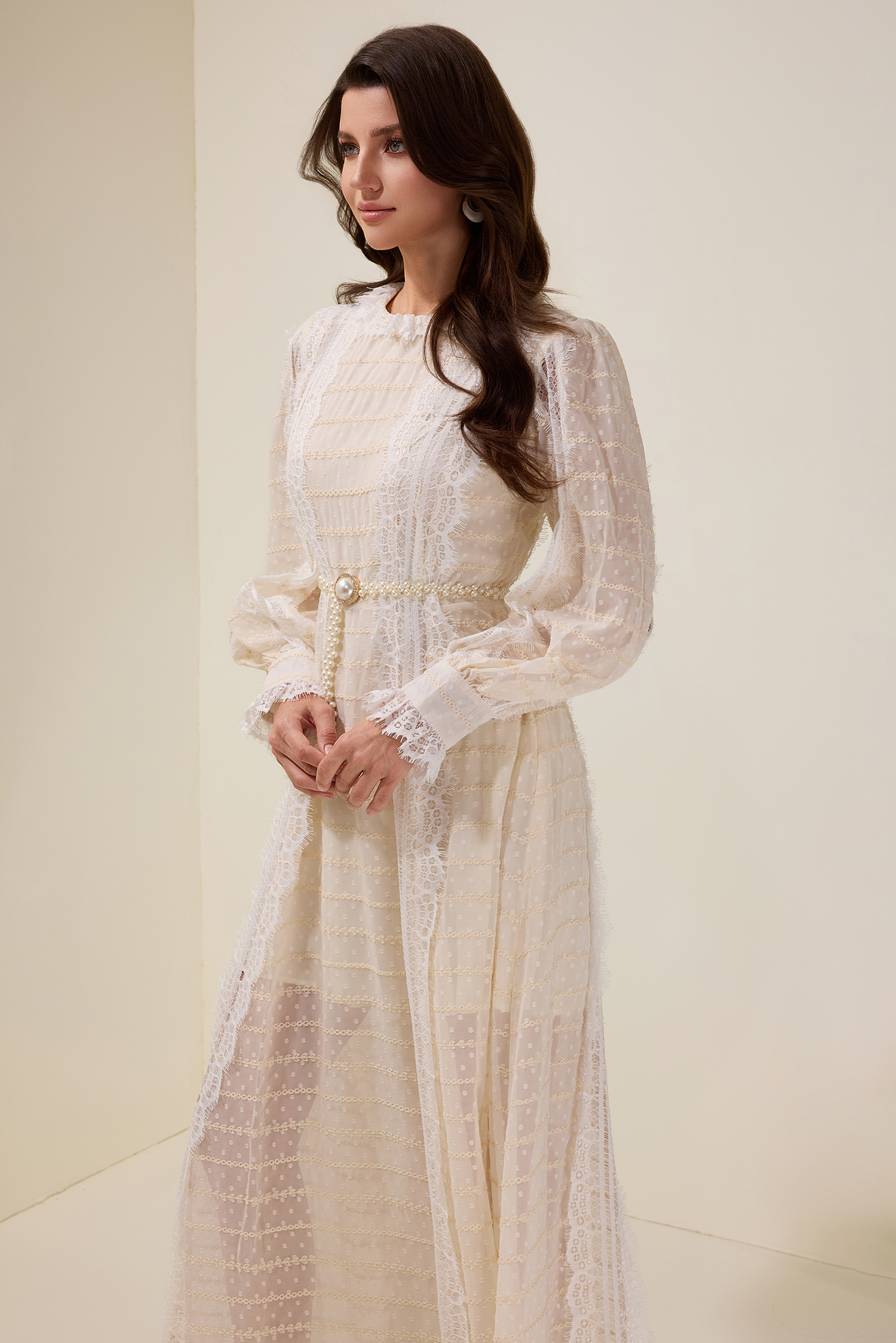 Lace Splicing Embroidered Long Sleeve Maxi Dress With Belt