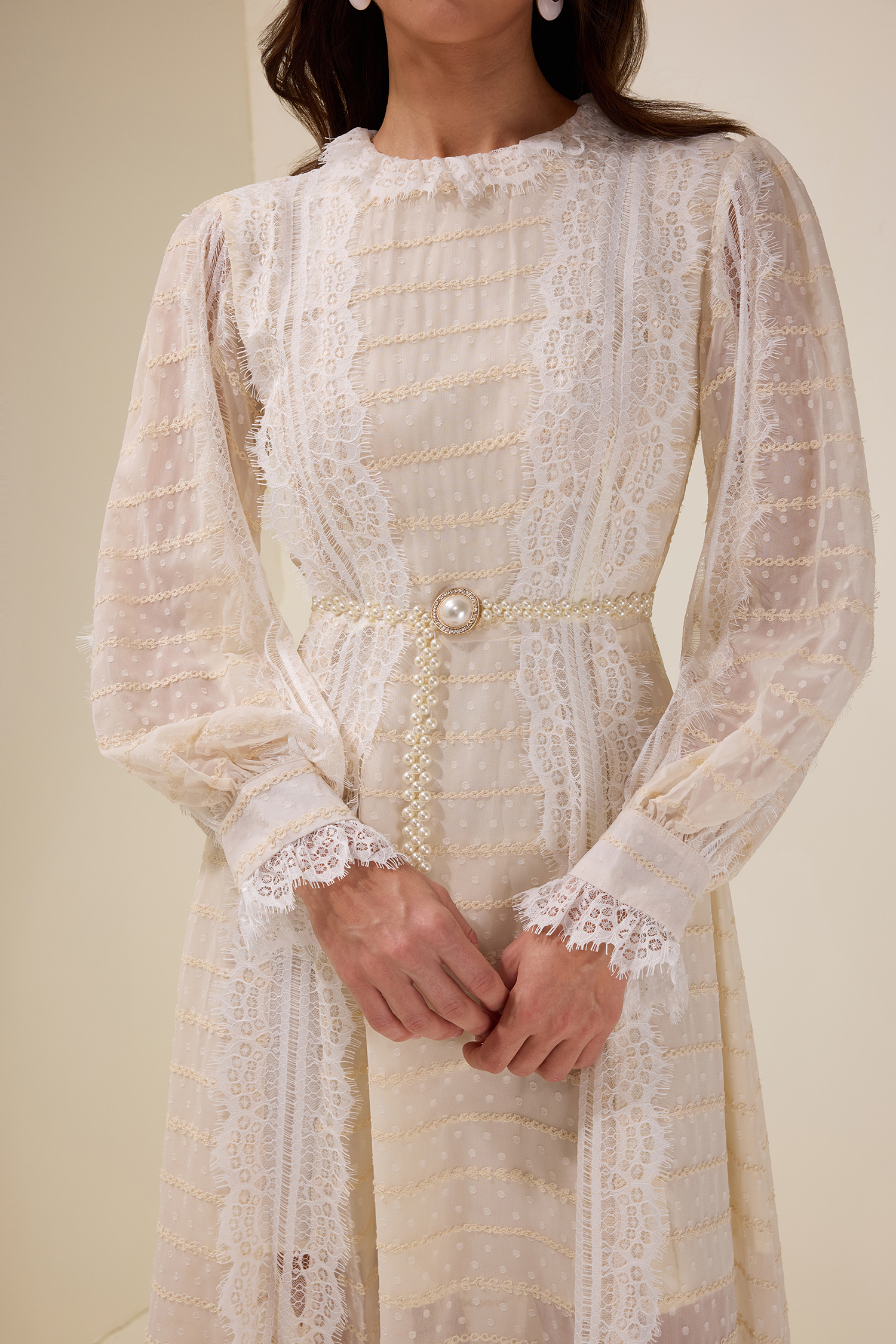 Lace Splicing Embroidered Long Sleeve Maxi Dress With Belt