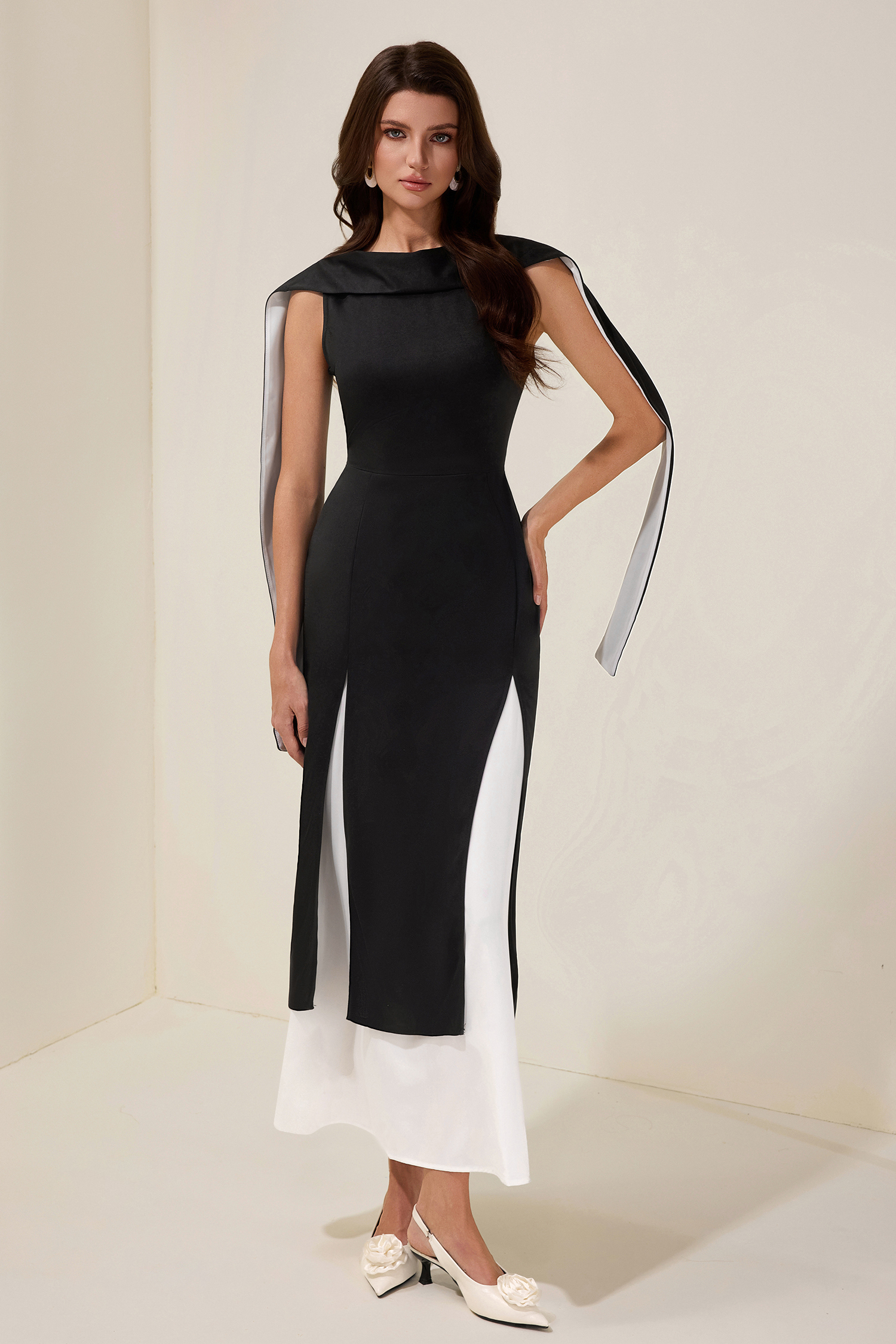 Round Neck Te-Up Contrast Color Midi Dress