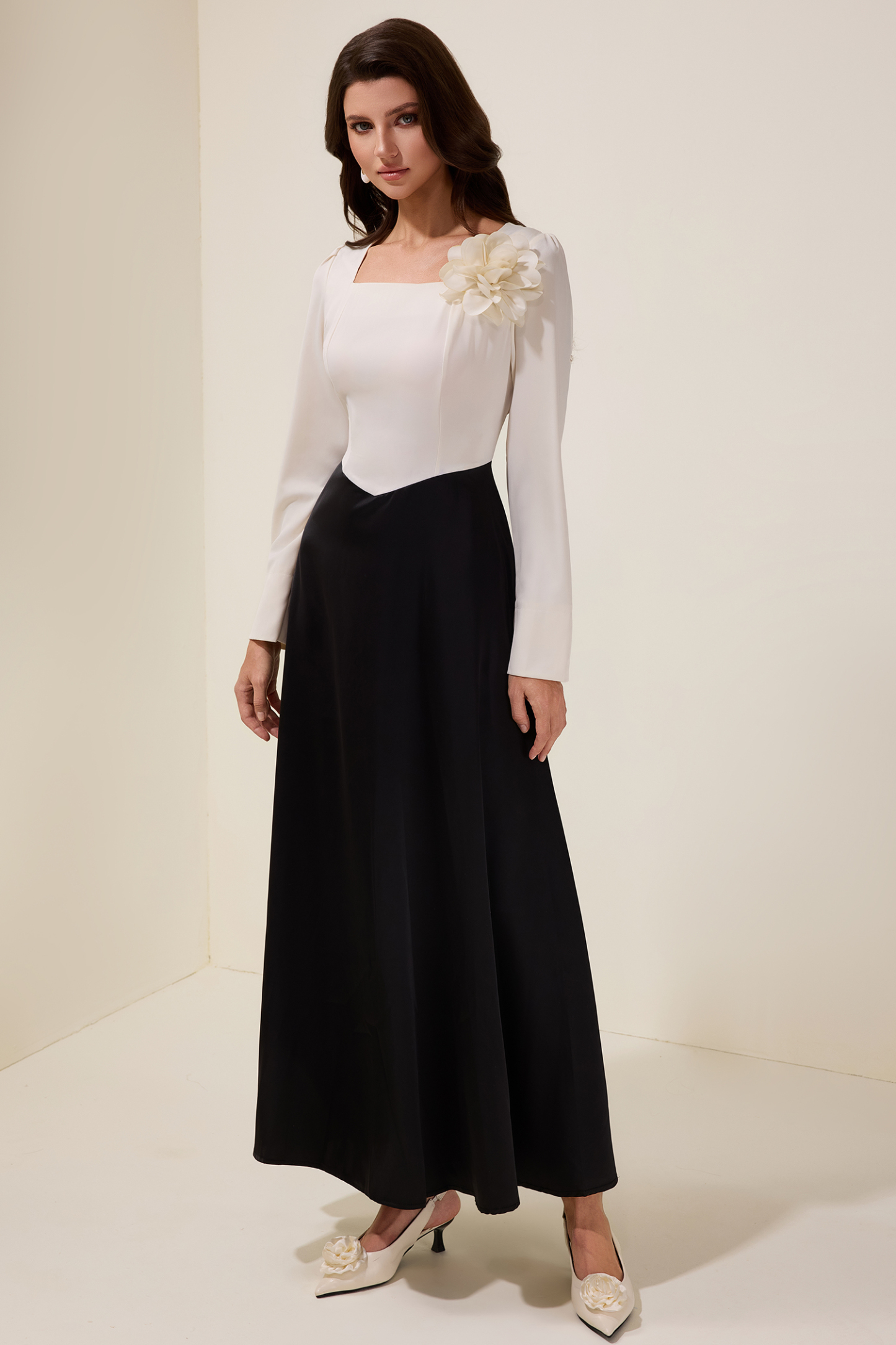 3D Flower Satin Contrast Color Midi Dress