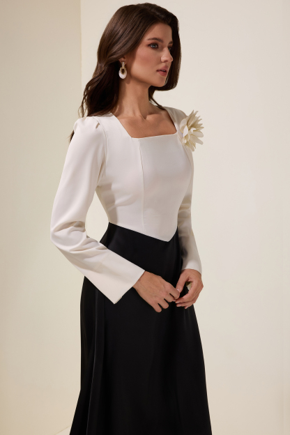 3D Flower Satin Contrast Color Midi Dress