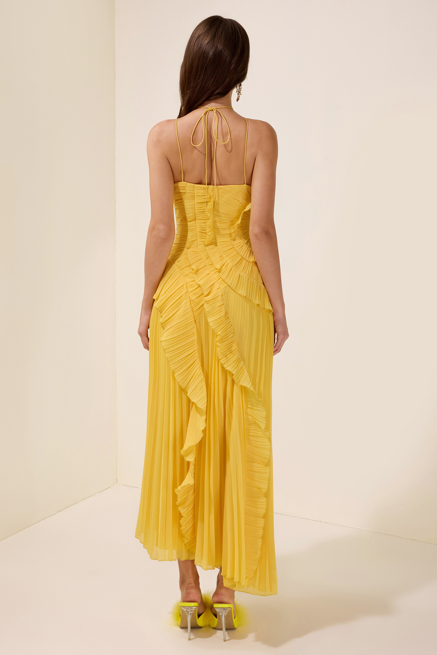 Pleated Frill Halter Neck Midi Dress