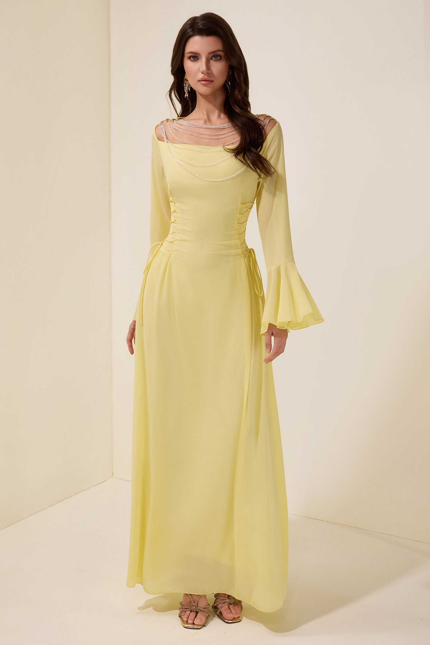 Chiffon Beaded Tie-up Frill Maxi Dress