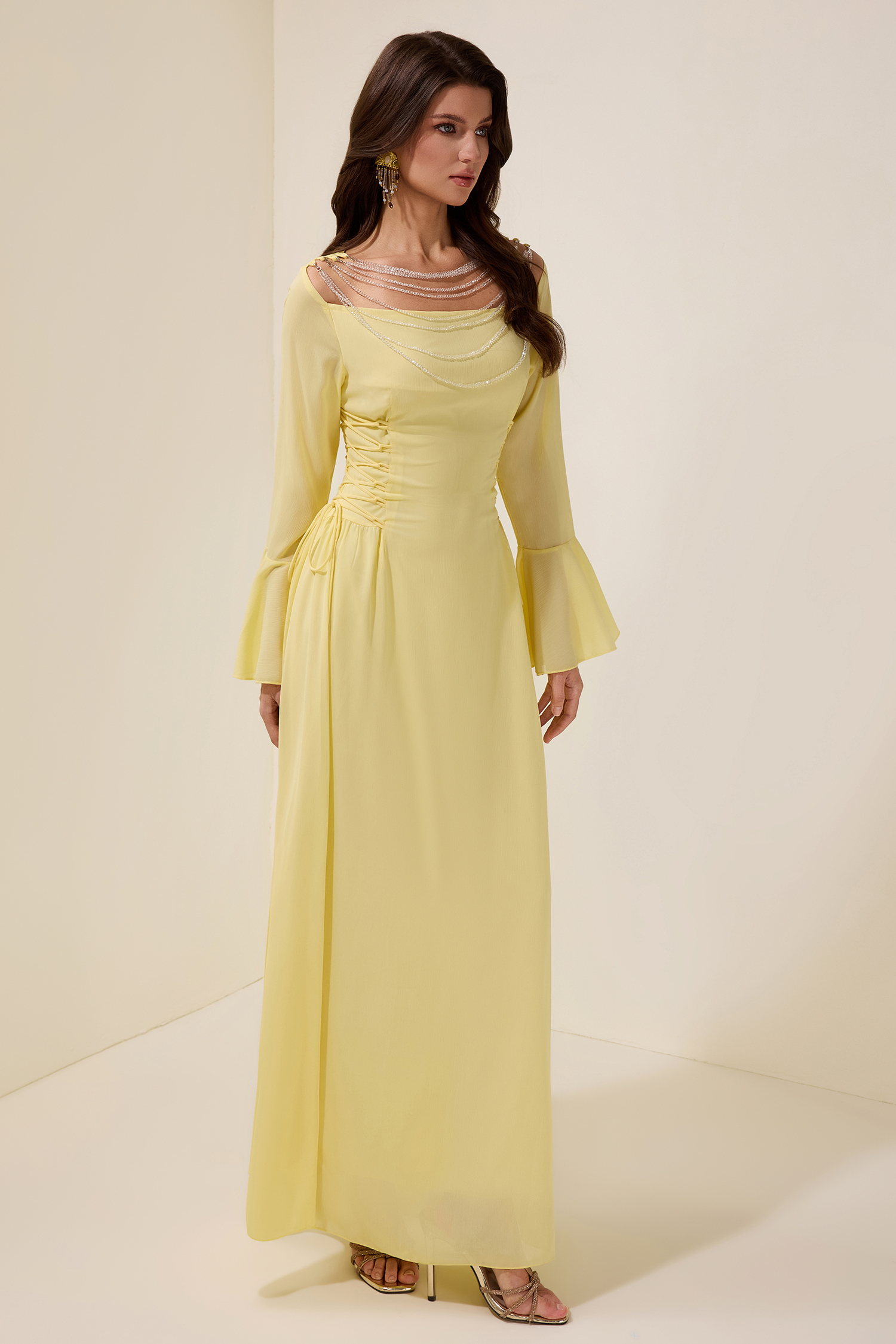 Chiffon Beaded Tie-up Frill Maxi Dress
