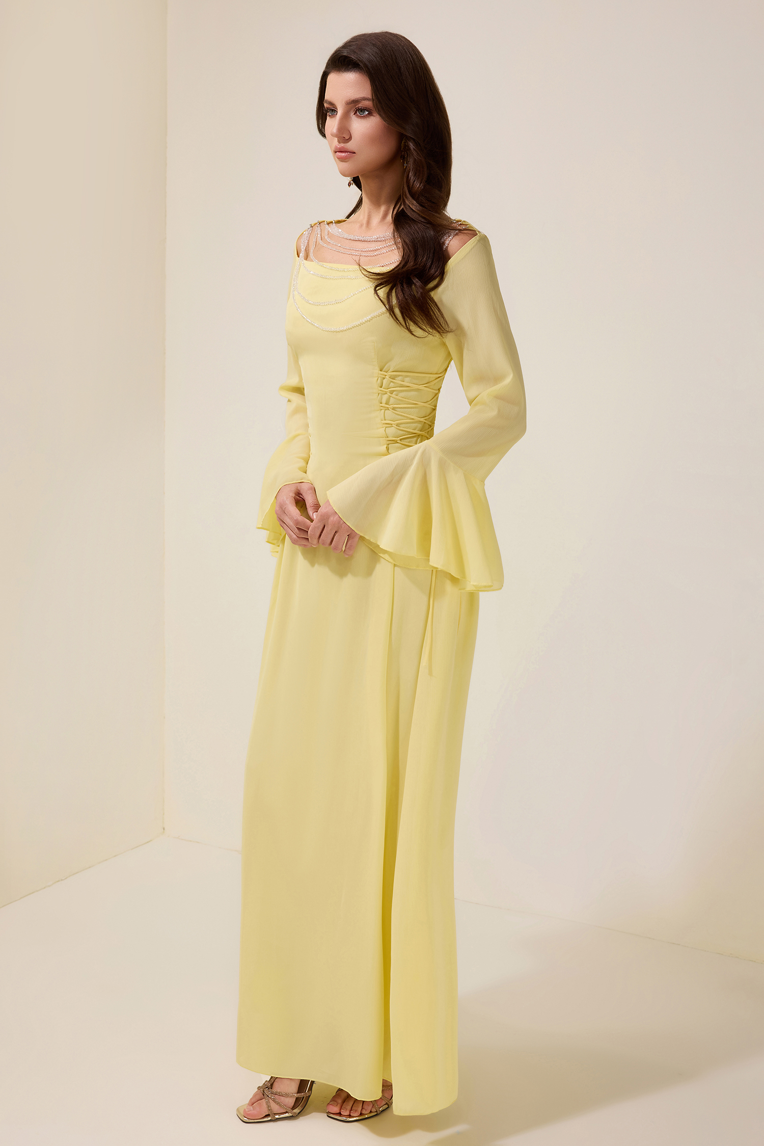 Chiffon Beaded Tie-up Frill Maxi Dress