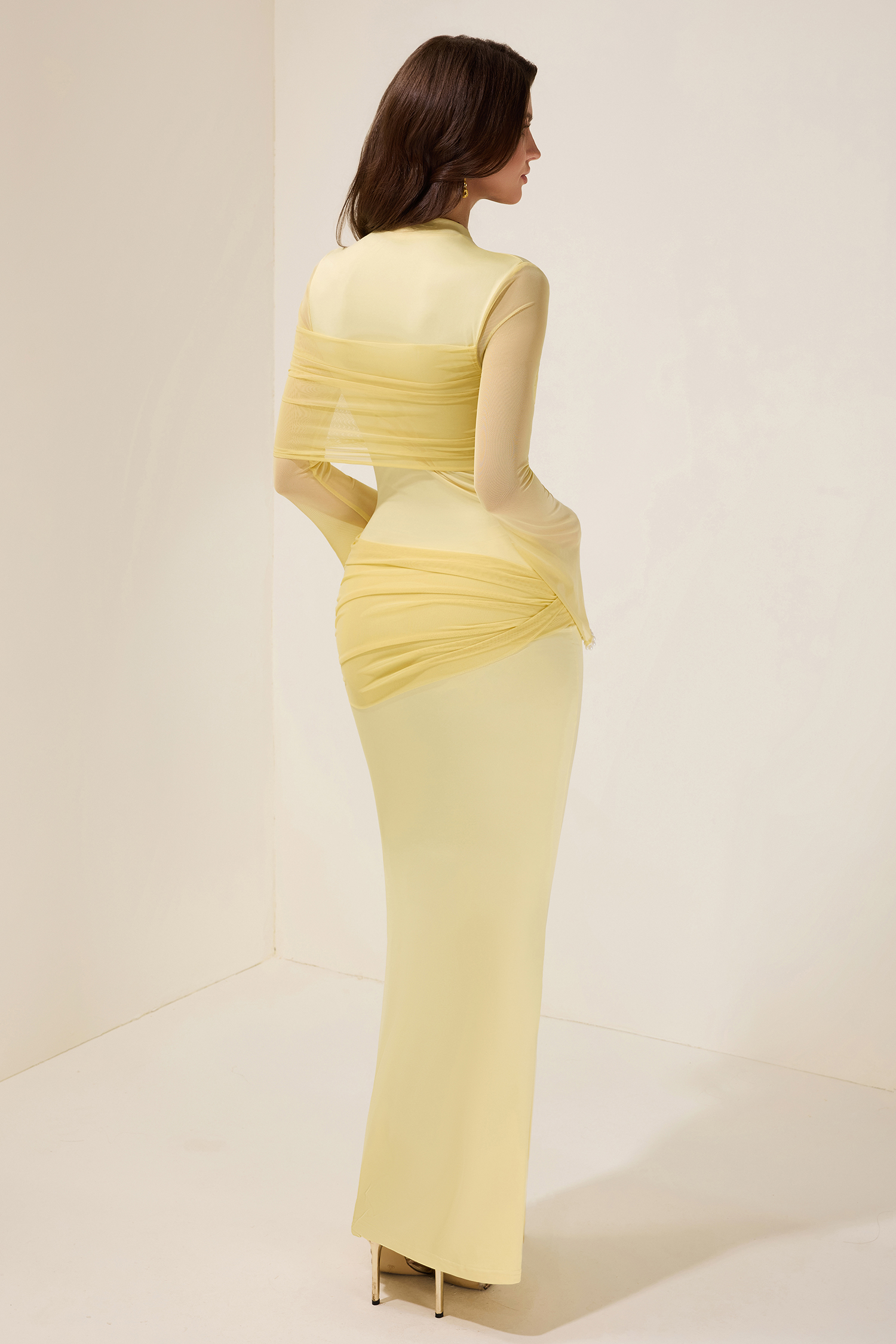 Faux Pearl Gathering Long Sleeve Midi Dress