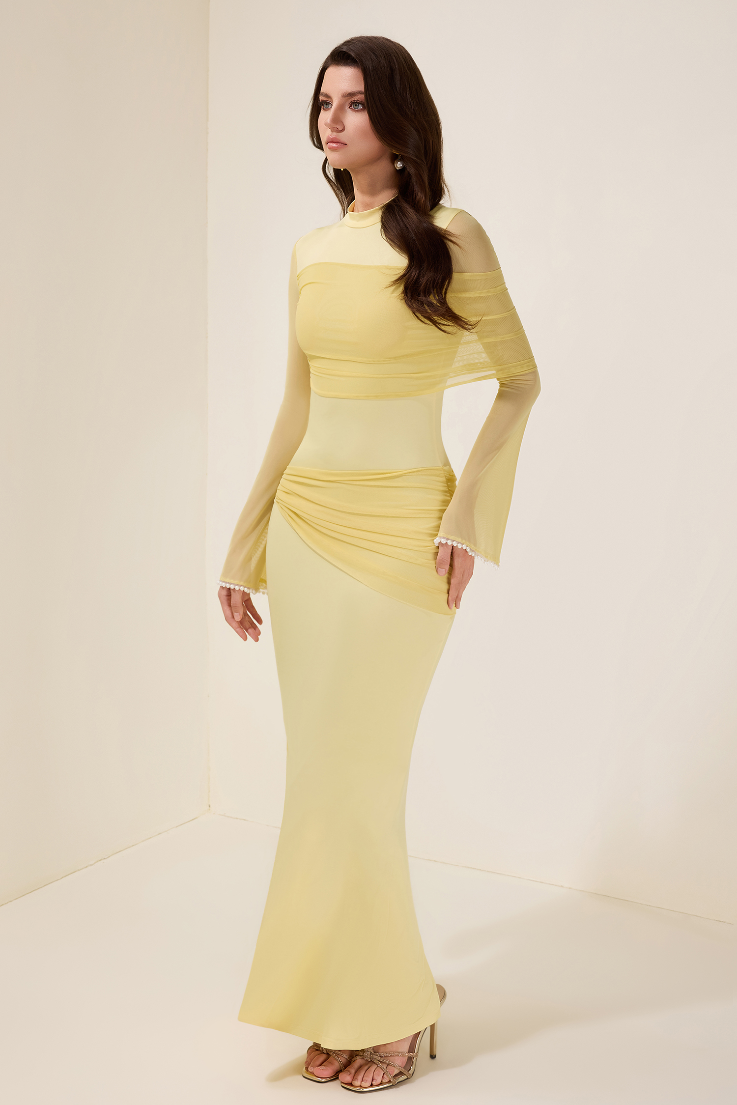 Faux Pearl Gathering Long Sleeve Midi Dress