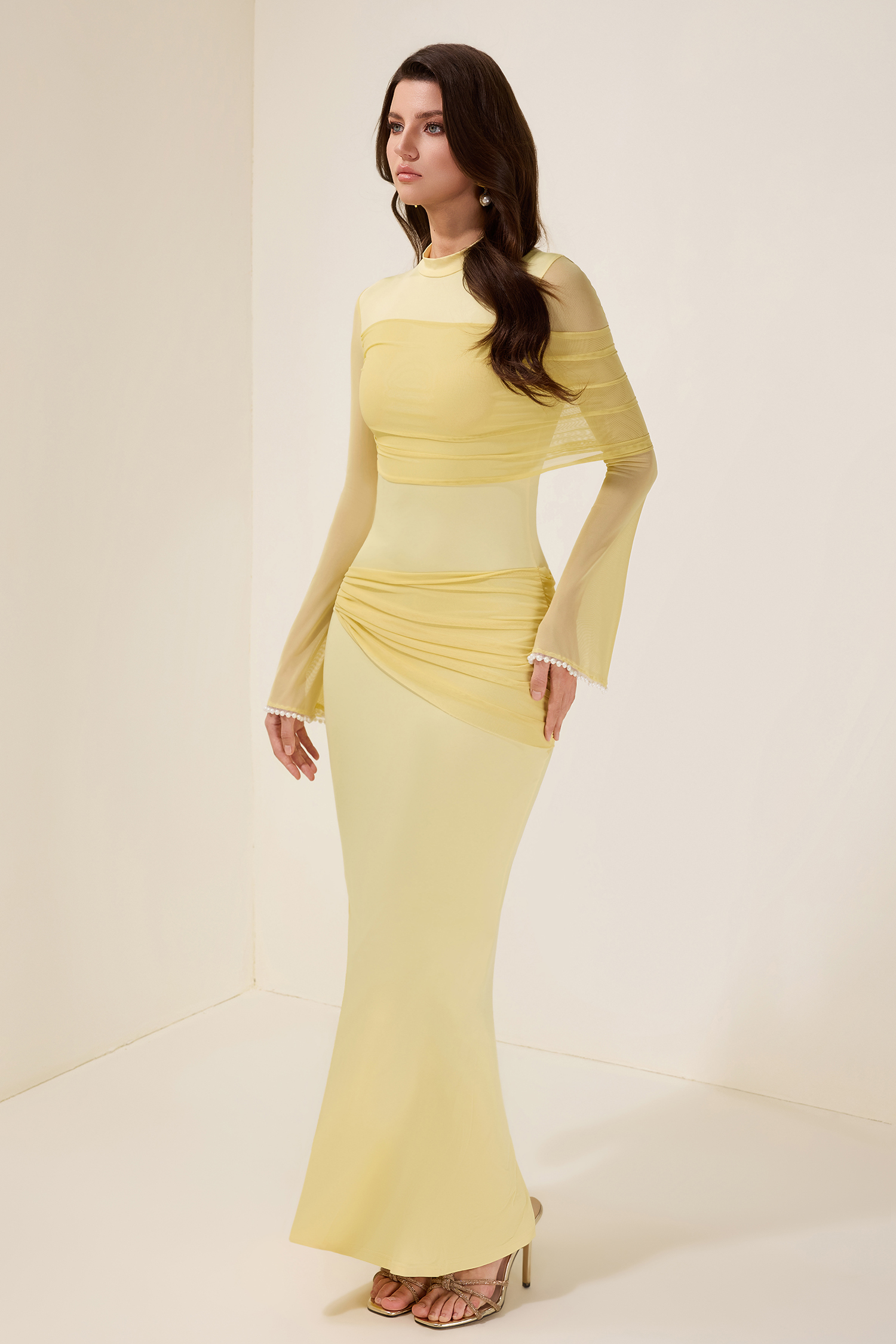 Faux Pearl Gathering Long Sleeve Midi Dress