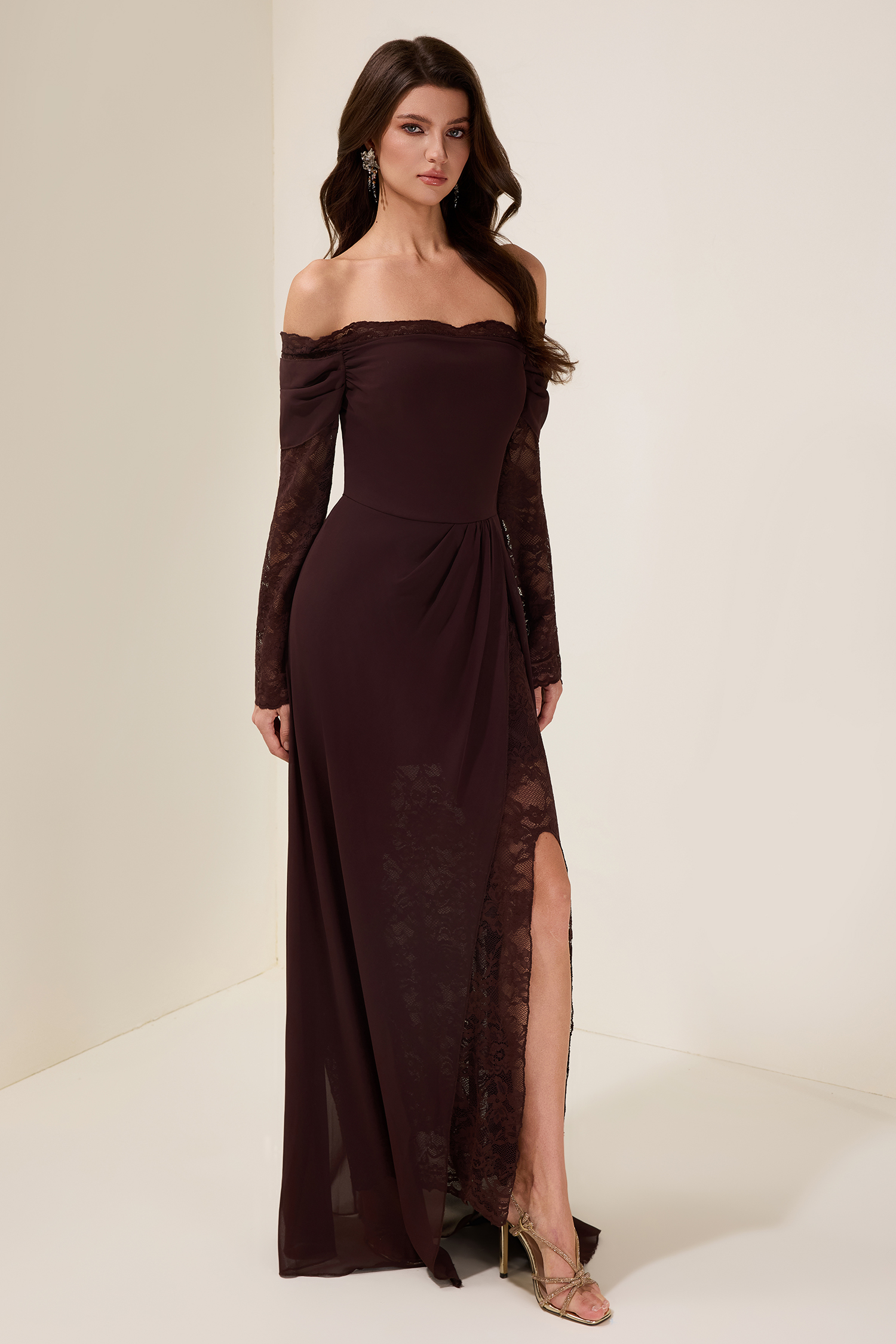 Lace Splicing Chiffon Off Shoulder Maxi Dress