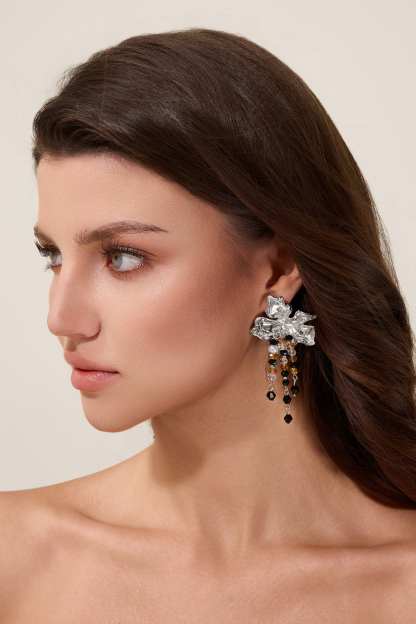 Floral Shape Beaded Tassel Metal Earrings