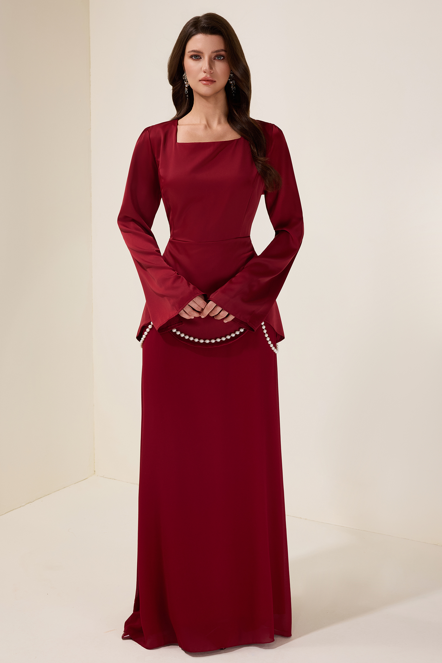 Faux Pearl Square Collar Long Sleeve Maxi Dress