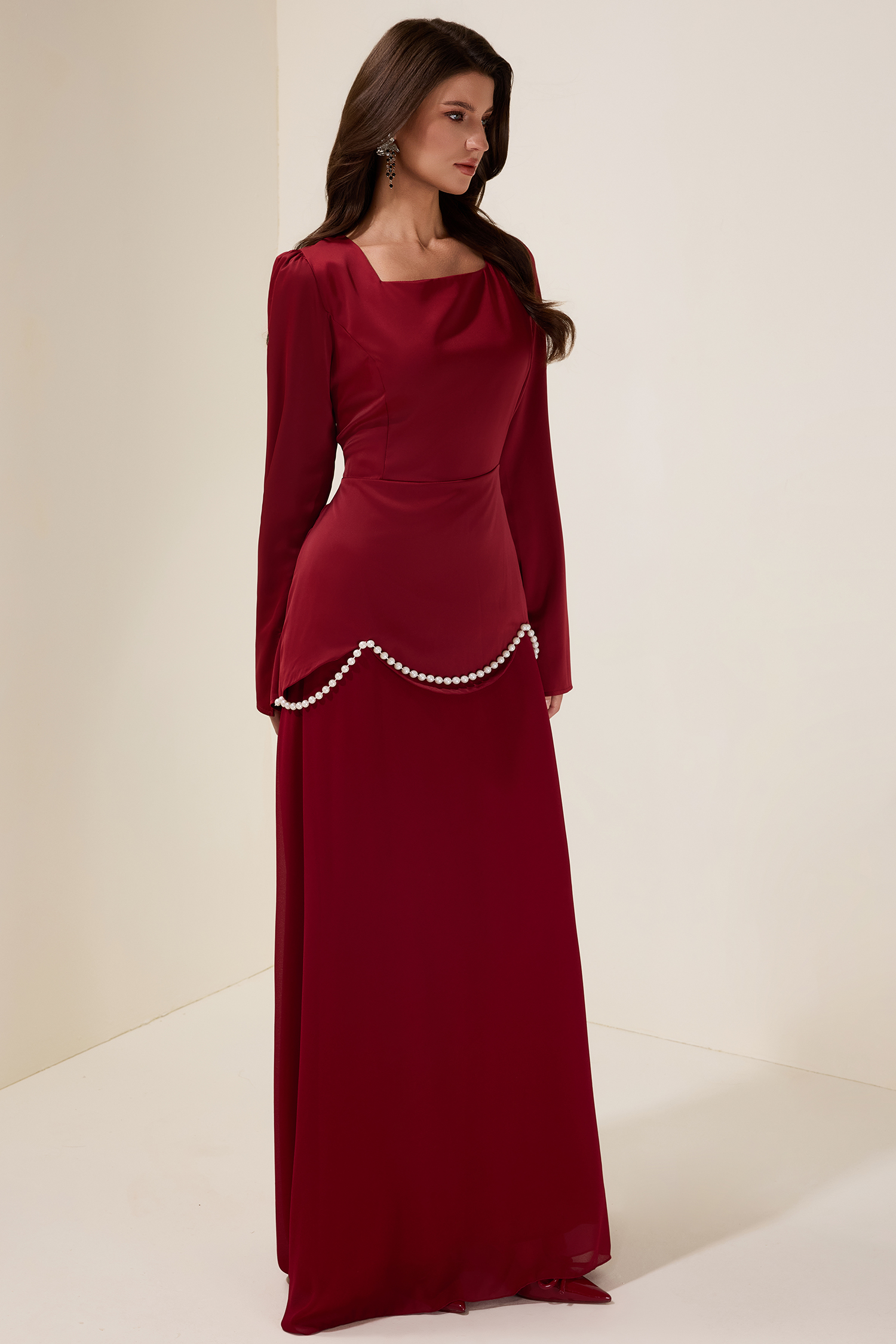 Faux Pearl Square Collar Long Sleeve Maxi Dress