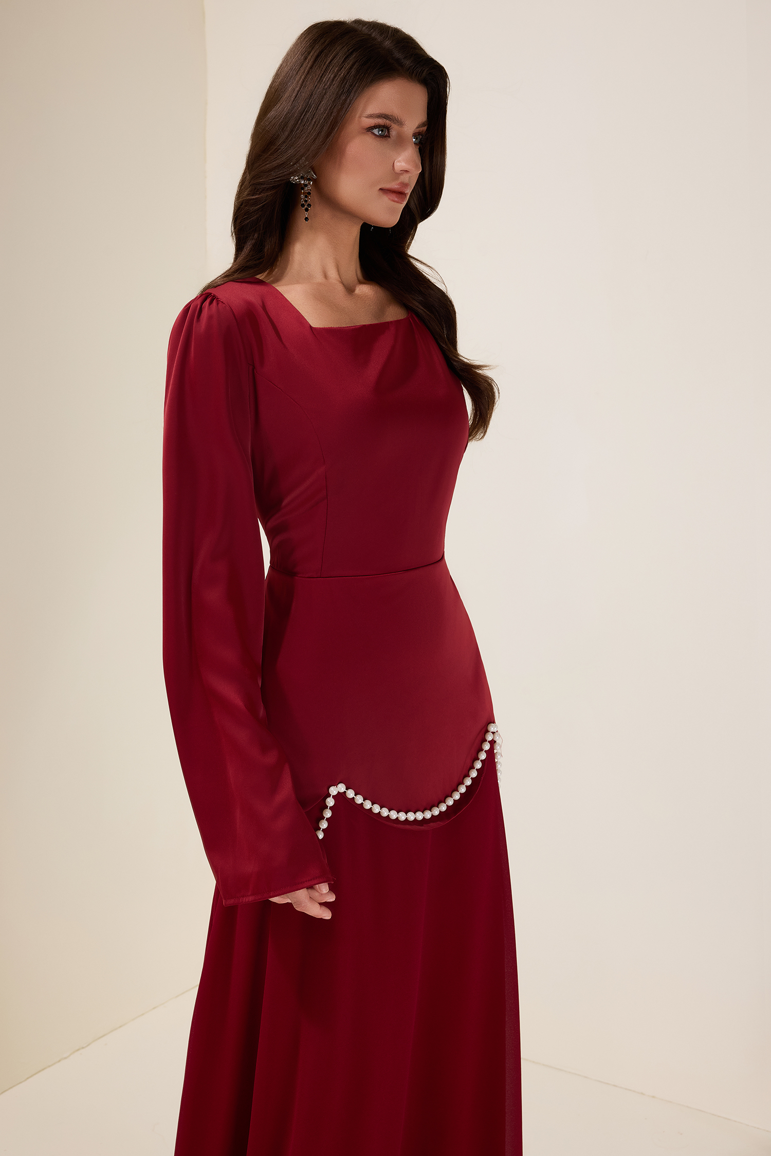 Faux Pearl Square Collar Long Sleeve Maxi Dress