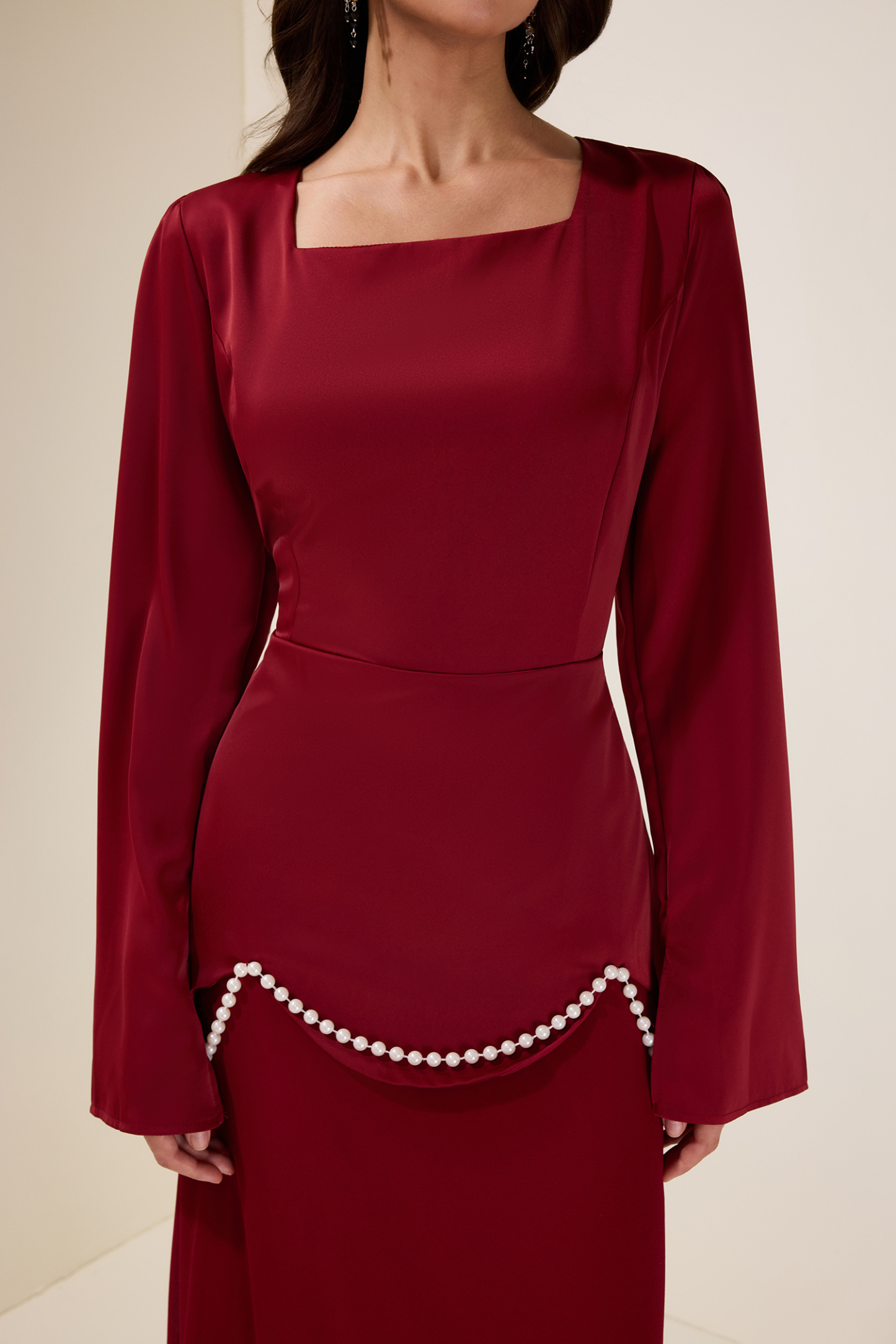 Faux Pearl Square Collar Long Sleeve Maxi Dress