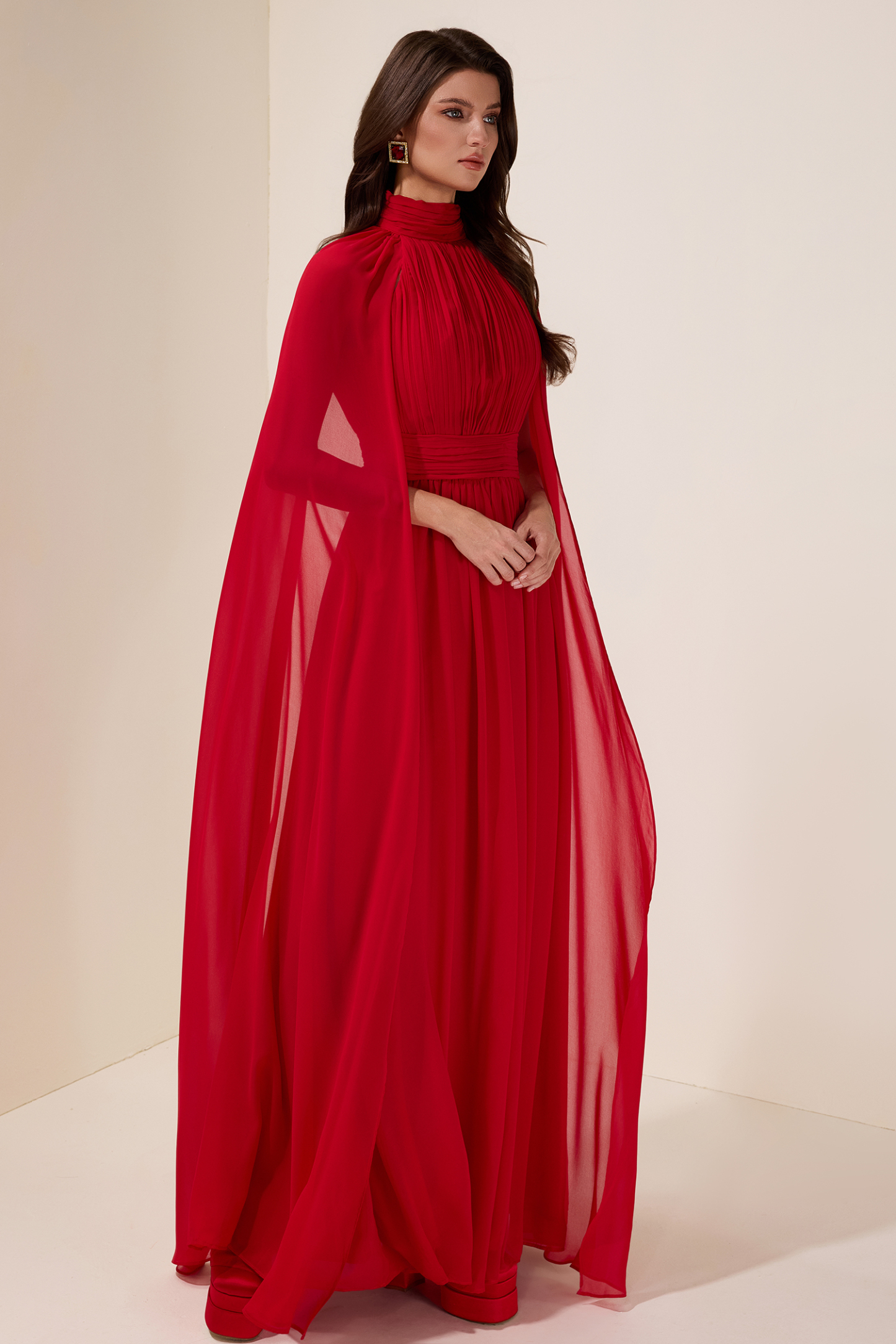 Chiffon Pleated Cape Sleeve Maxi Dress